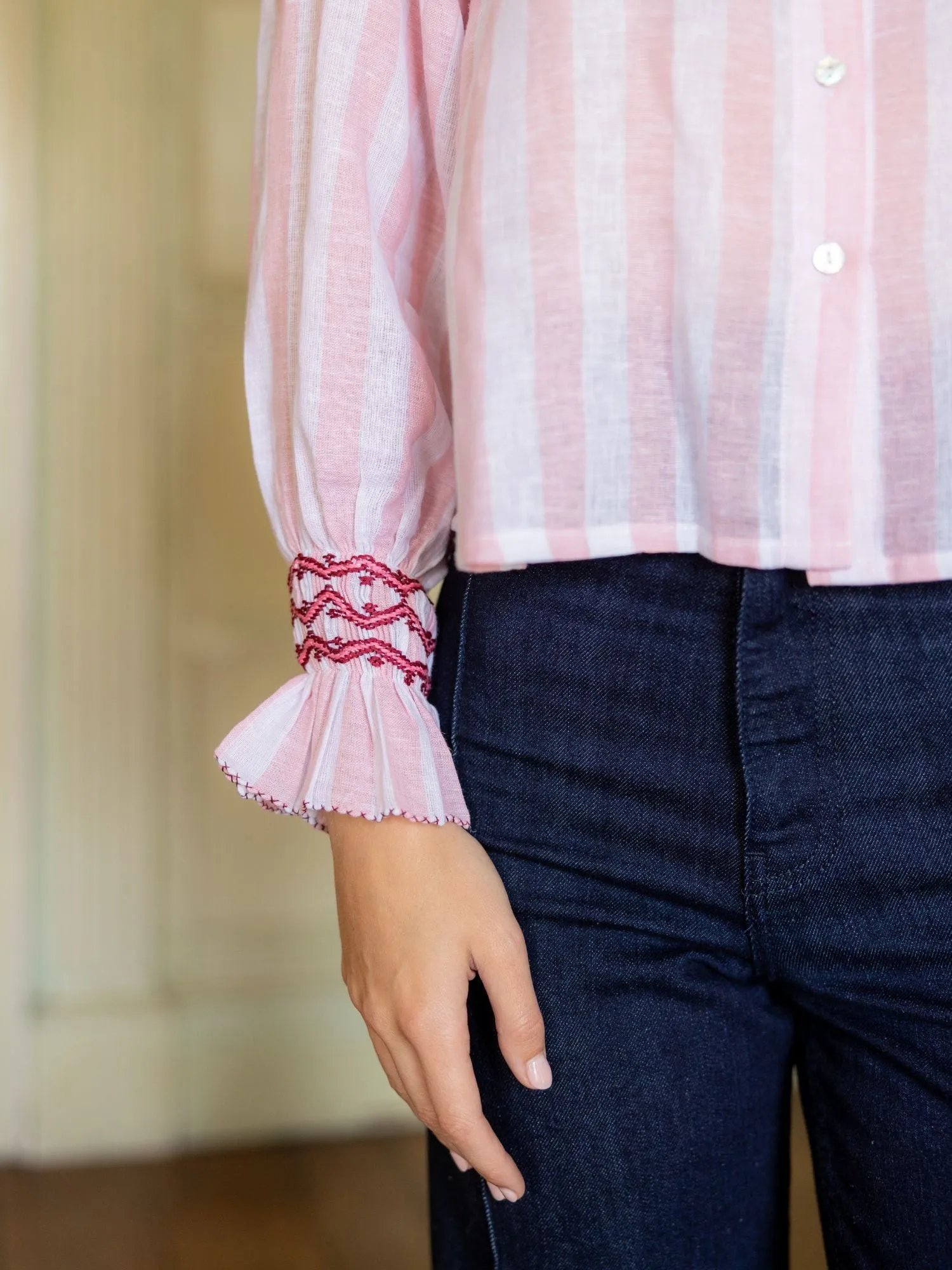 Shelley Blouse Powder Pink Stripe with Copper Beech Hand Smocking Edition 17 sold by Smock London product image thumbnail 4
