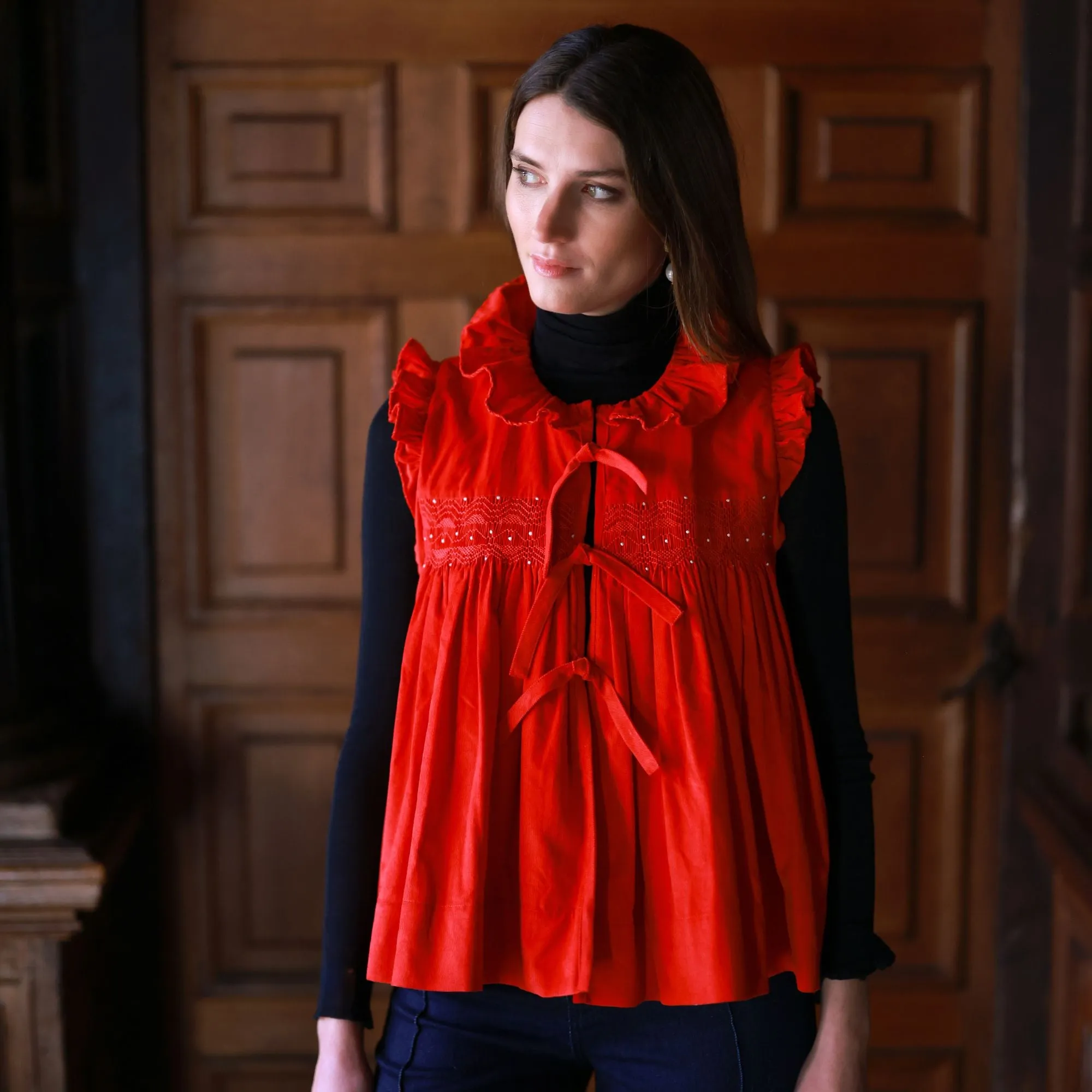 Edith Wharton Waistcoat Scarlet Needlecord with Peppermint Drop Hand Smocking Edition 3 sold by Smock London