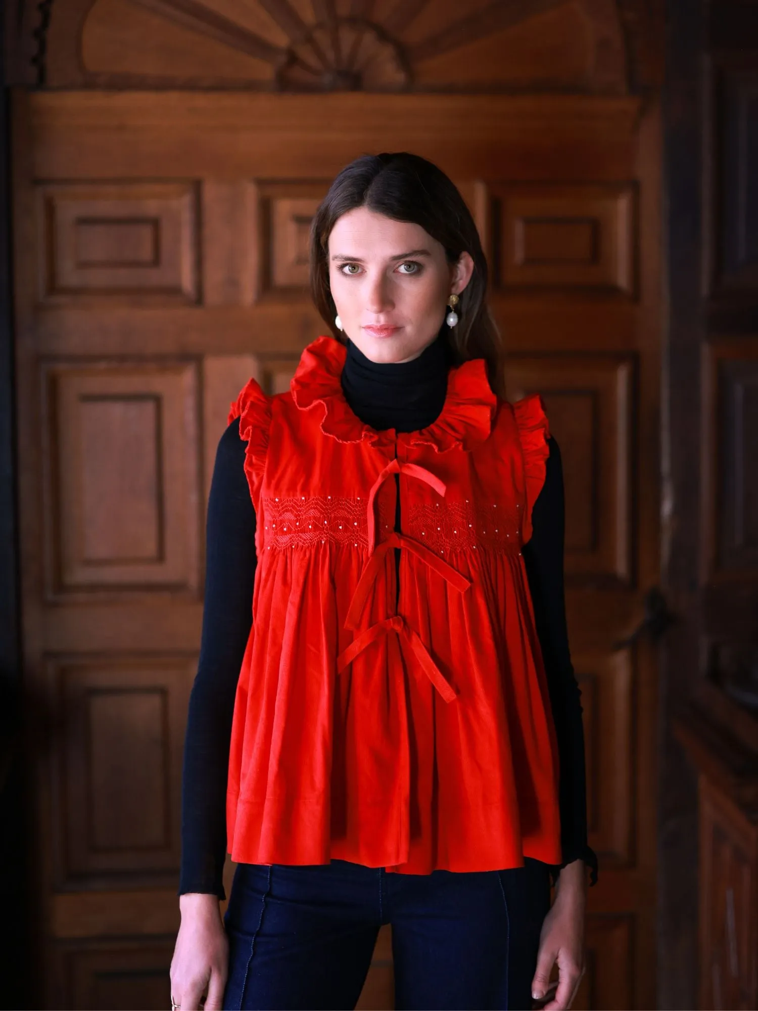 Edith Wharton Waistcoat Scarlet Needlecord with Peppermint Drop Hand Smocking Edition 3 sold by Smock London product image thumbnail 3