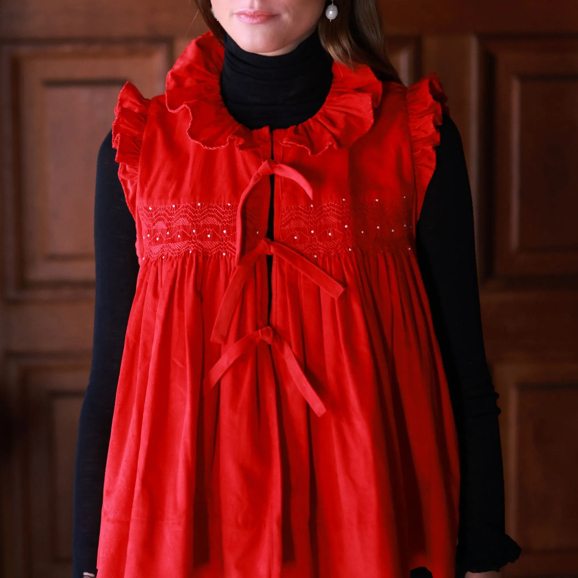 Edith Wharton Waistcoat Scarlet Needlecord with Peppermint Drop Hand Smocking Edition 3 sold by Smock London product image thumbnail 2