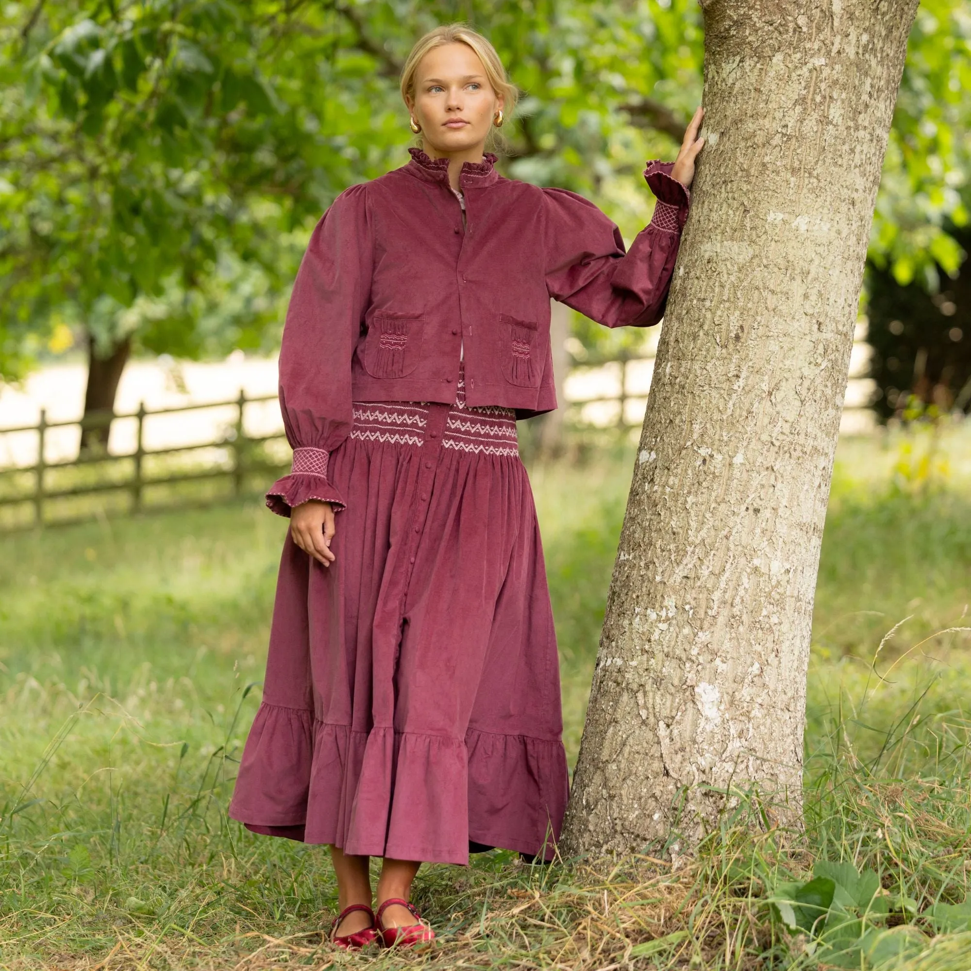 Bobbi Gibb Jacket Mulberry Needlecord with Blackberry Crumble Hand Smocking sold by Smock London