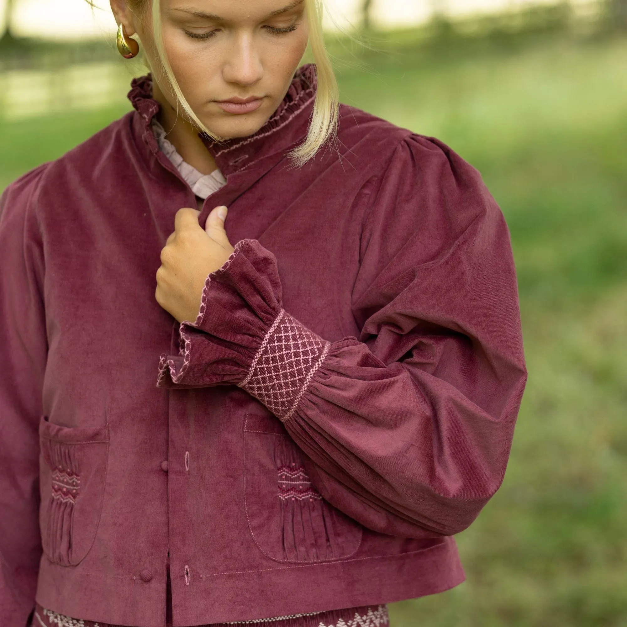 Bobbi Gibb Jacket Mulberry Needlecord with Blackberry Crumble Hand Smocking sold by Smock London product image thumbnail 2