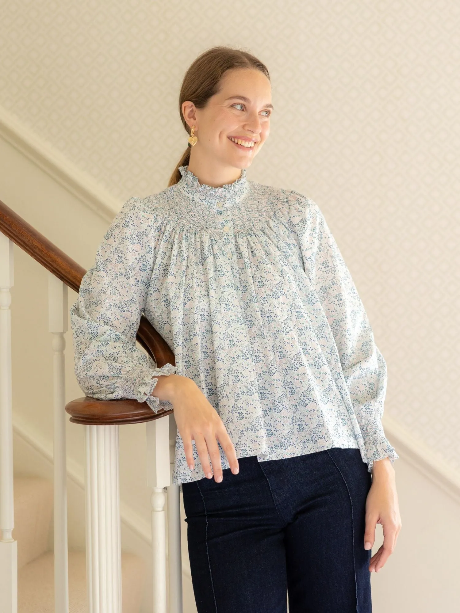 Scholl Blouse Flower Field Linen with Aqua Kiss Hand Smocking Edition 48 sold by Smock London product image thumbnail 3