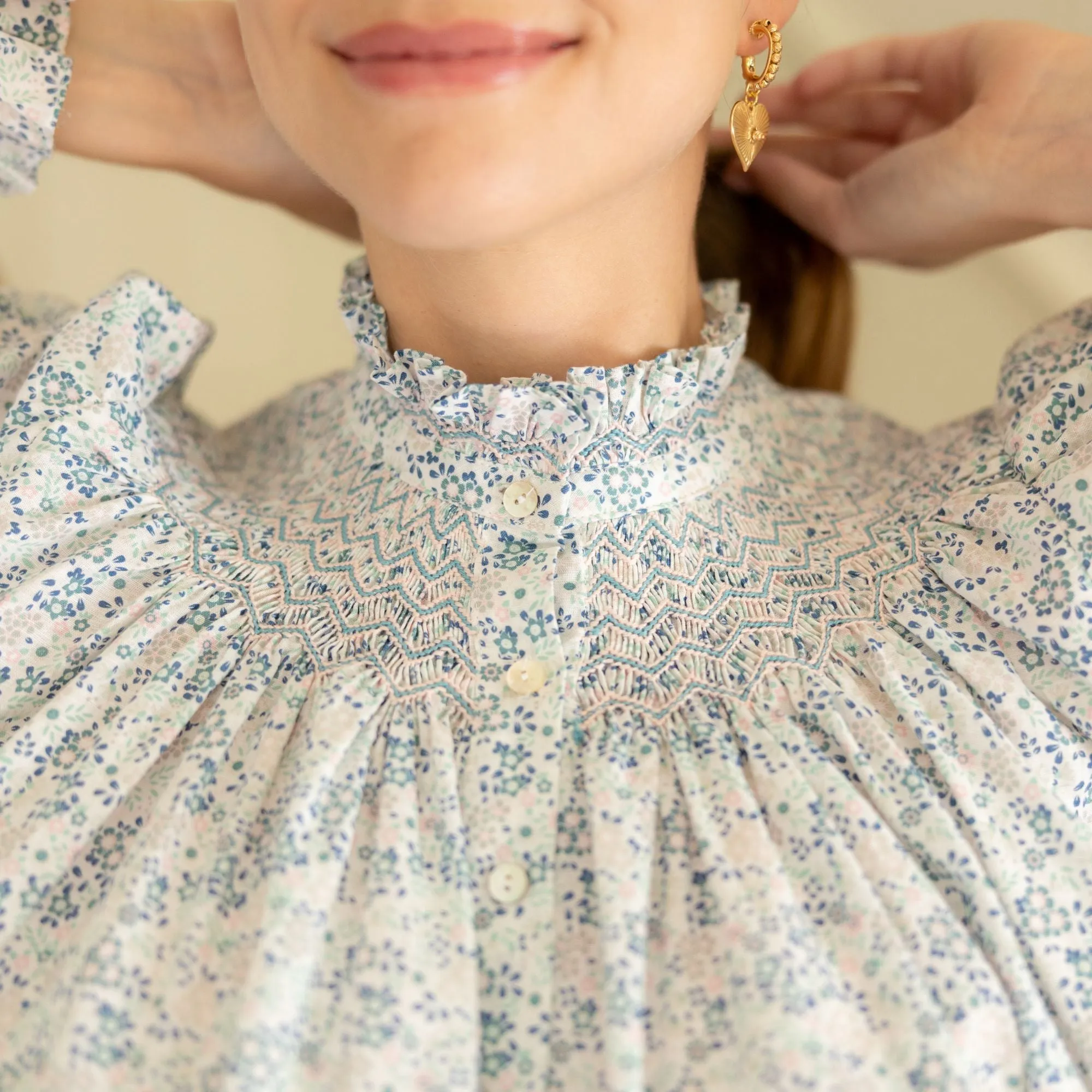 Scholl Blouse Flower Field Linen with Aqua Kiss Hand Smocking Edition 48 sold by Smock London product image thumbnail 2