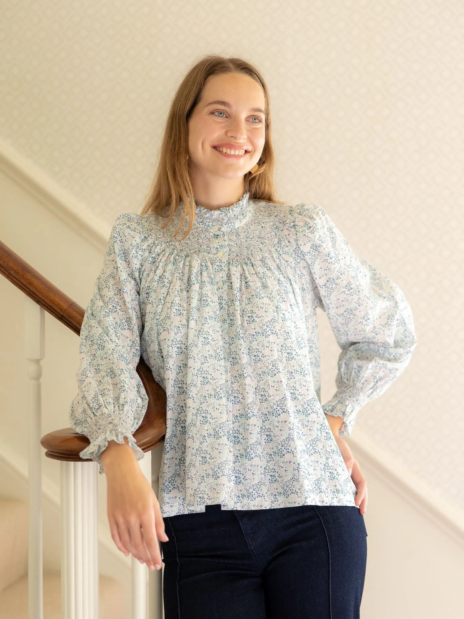 Scholl Blouse Flower Field Linen with Aqua Kiss Hand Smocking Edition 48 sold by Smock London product image thumbnail 4