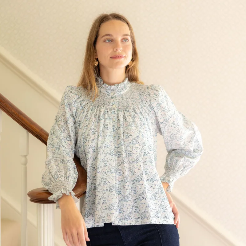 Scholl Blouse Flower Field Linen with Aqua Kiss Hand Smocking Edition 48 sold by Smock London