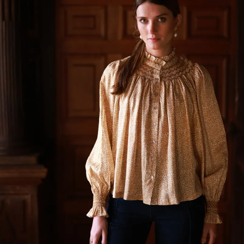 Scholl Blouse Turmeric Dabs with Honeycomb Hand Smocking Edition 44 sold by Smock London