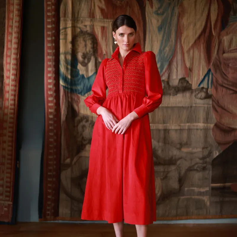 S/M Victoria Woodhull Women's Dress Crimson Needlecord with Gold Coin Hand Smocking sold by Smock London