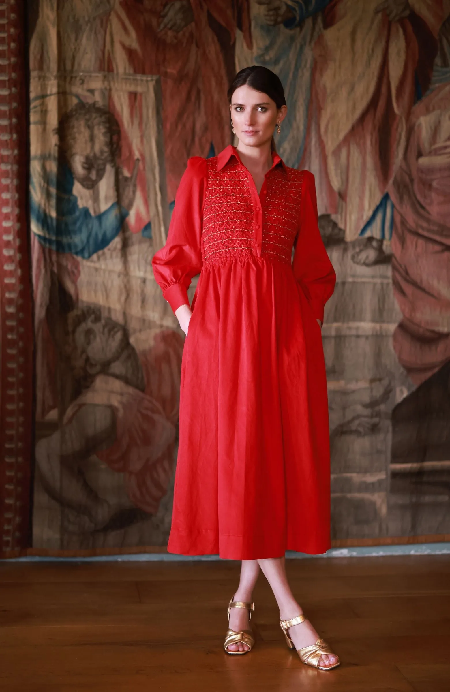 S/M Victoria Woodhull Women's Dress Crimson Needlecord with Gold Coin Hand Smocking sold by Smock London product image thumbnail 3