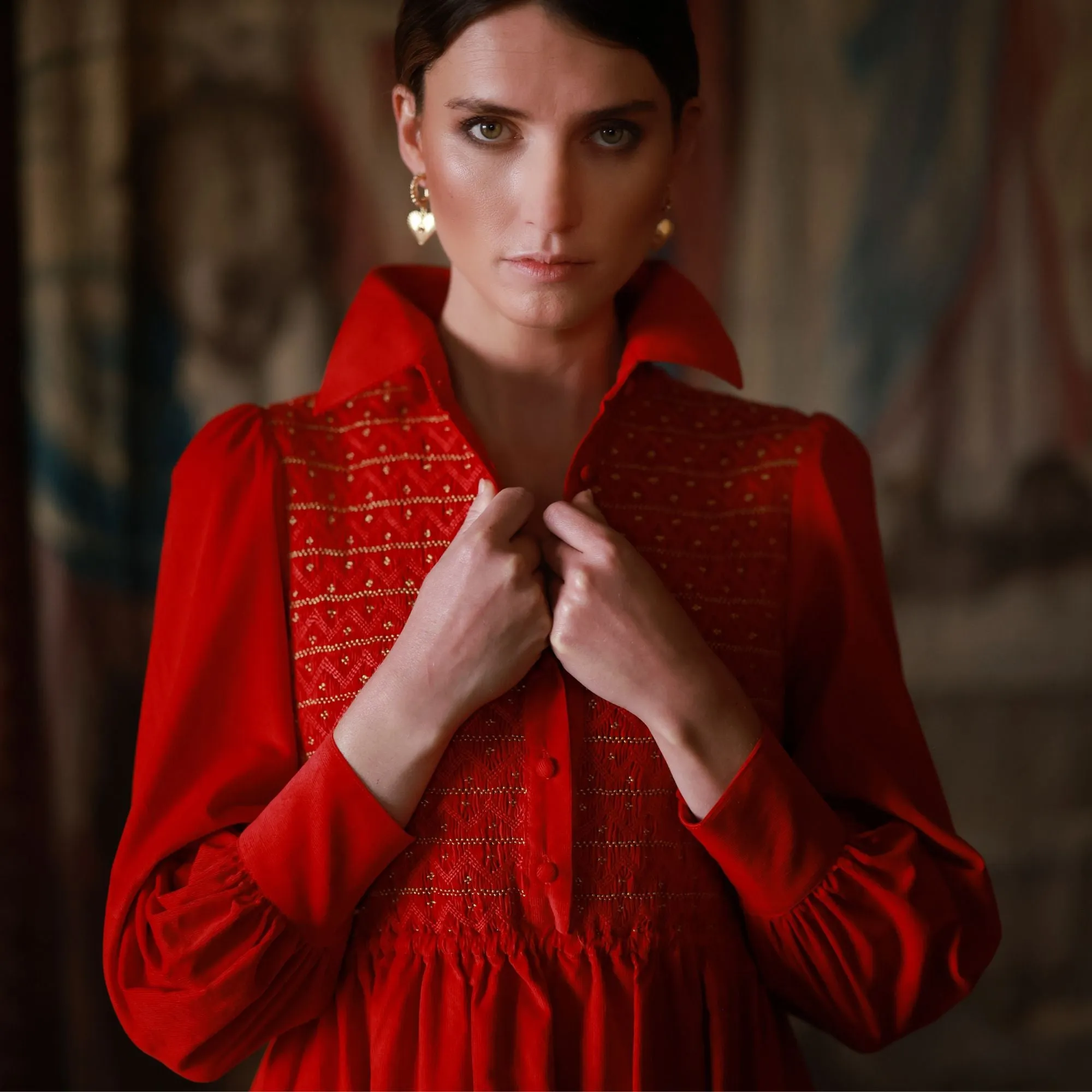 S/M Victoria Woodhull Women's Dress Crimson Needlecord with Gold Coin Hand Smocking sold by Smock London product image thumbnail 2