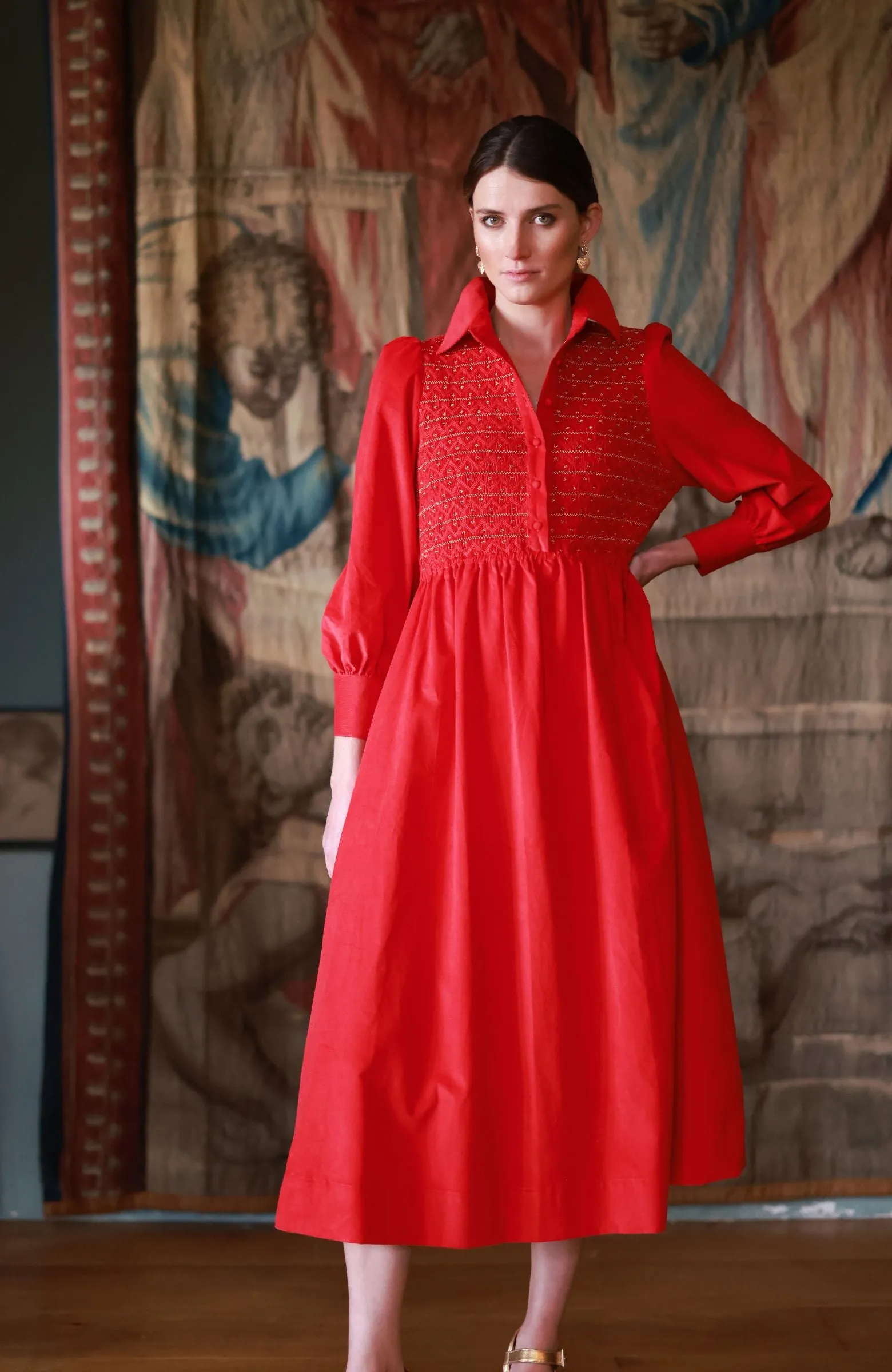 S/M Victoria Woodhull Women's Dress Crimson Needlecord with Gold Coin Hand Smocking sold by Smock London product image thumbnail 5