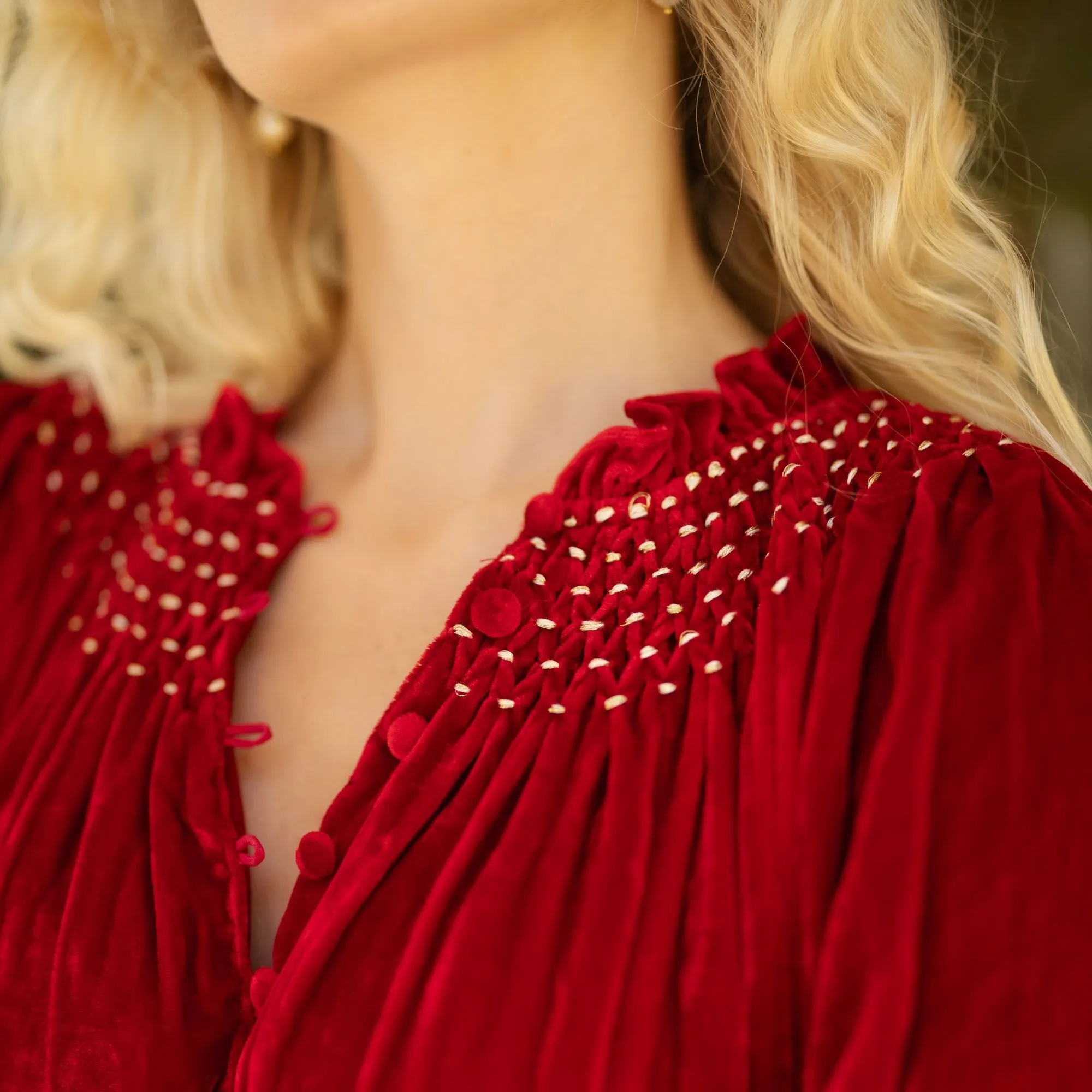 Ada Lovelace Women's Dress Ruby Two Shoes Silk Velvet with Holly Garland Hand Smocking sold by Smock London product image thumbnail 2