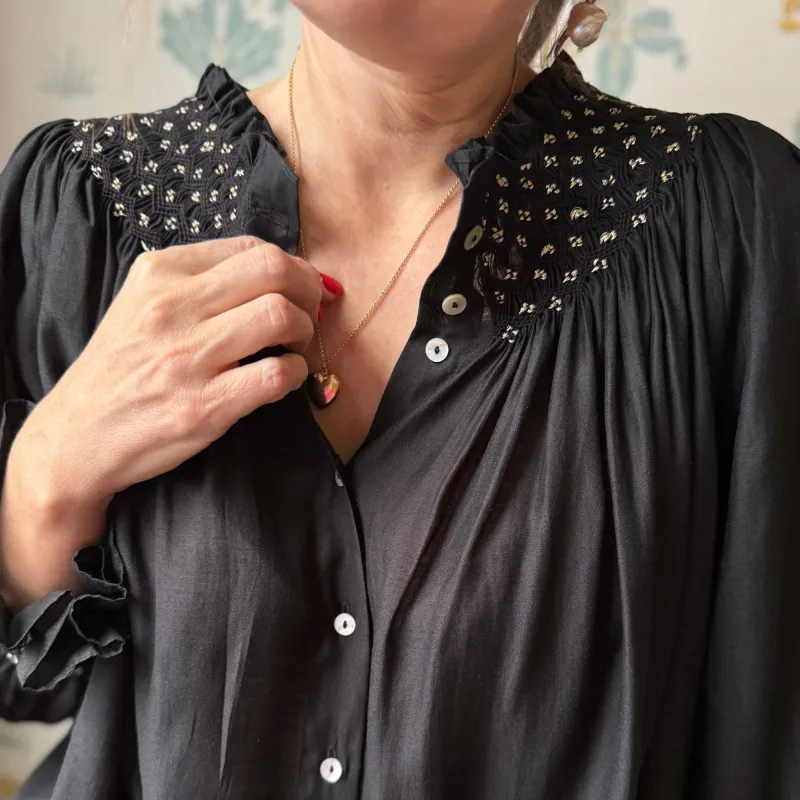 Cleopatra Blouse Obsidian Silk Cotton with All That Glitters Hand Smocking Edition 31 sold by Smock London