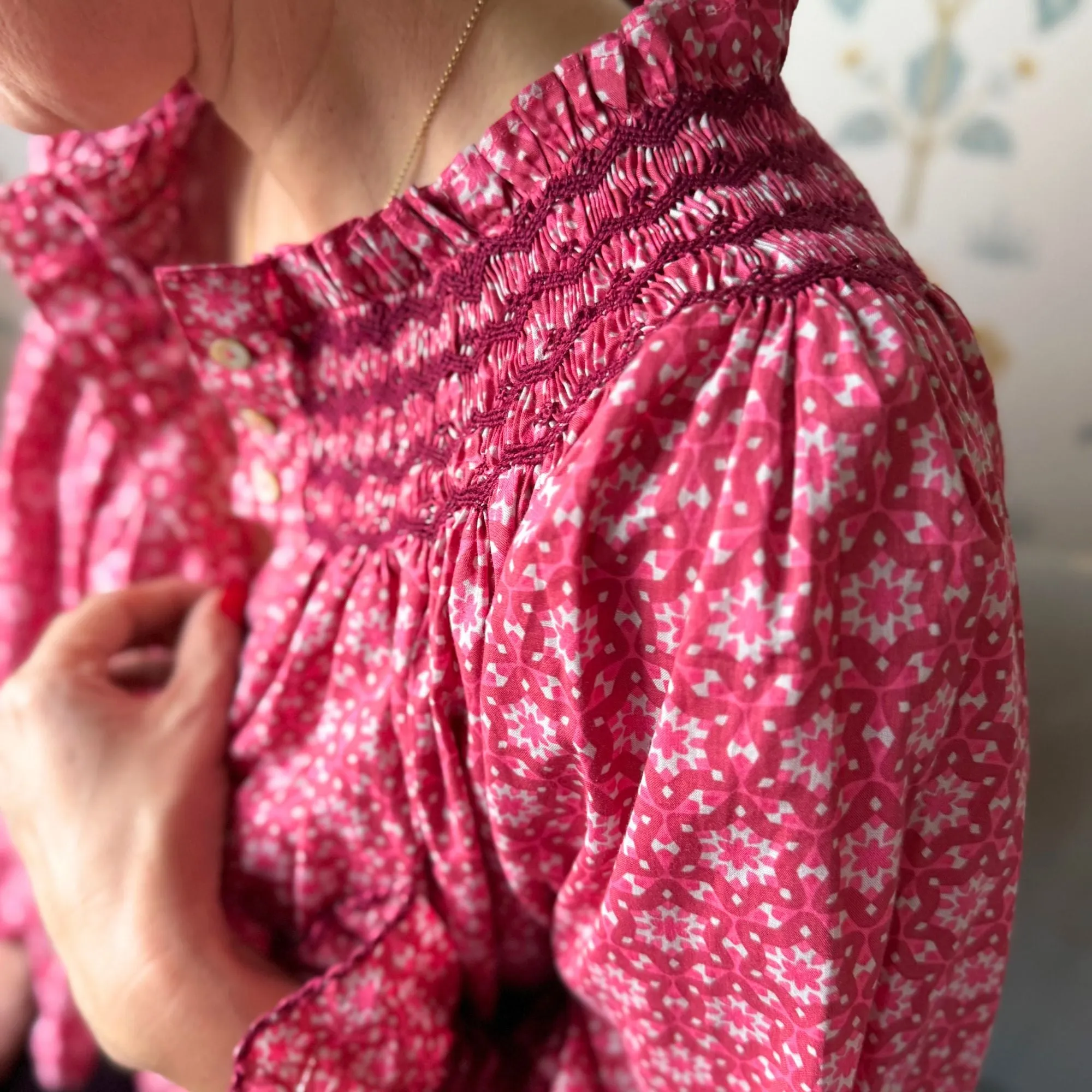 Cleopatra Blouse Mulberry Star Cotton with Merlot Hand Smocking Edition 32 sold by Smock London product image thumbnail 2