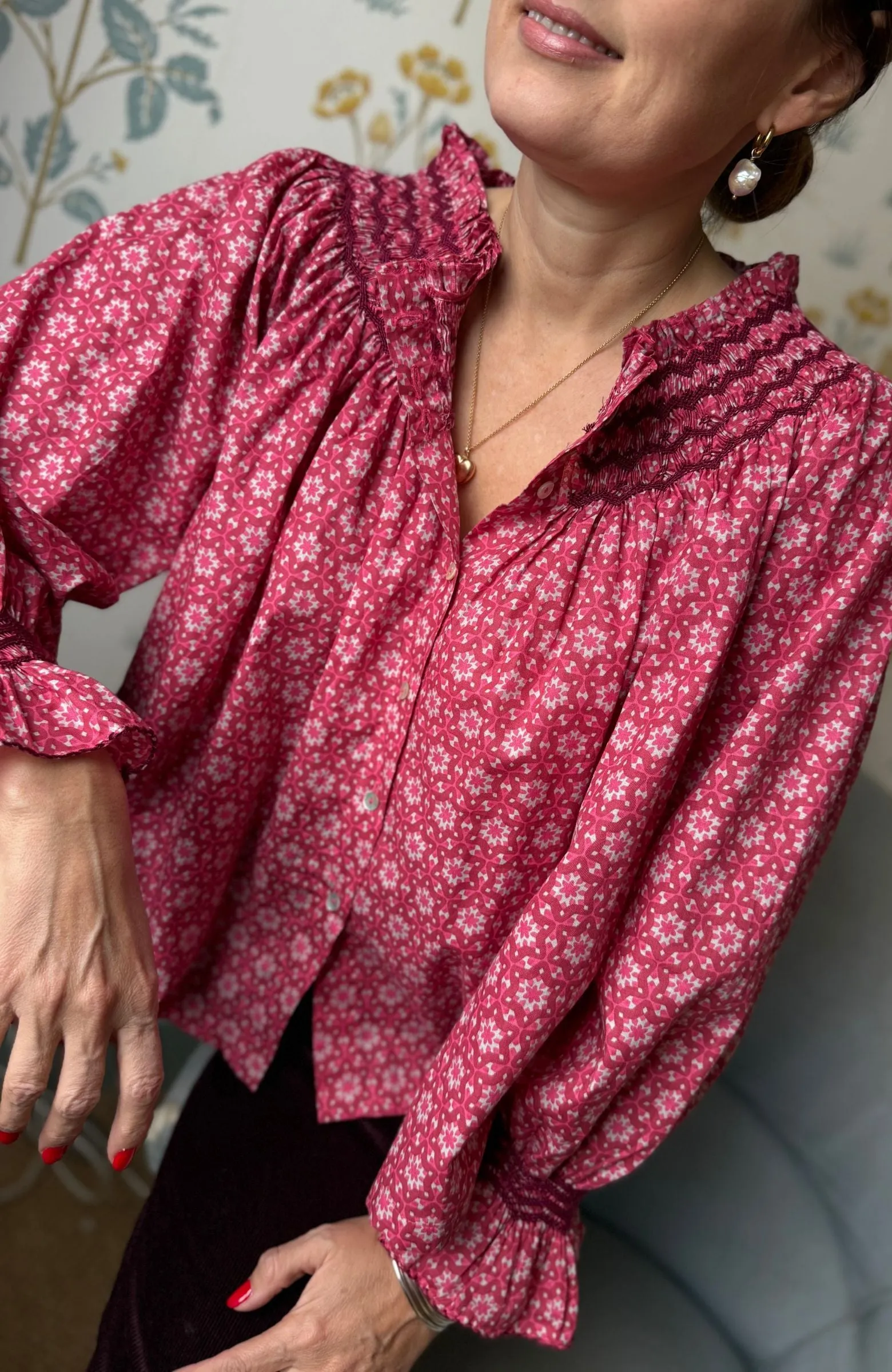 Cleopatra Blouse Mulberry Star Cotton with Merlot Hand Smocking Edition 32 sold by Smock London product image thumbnail 4