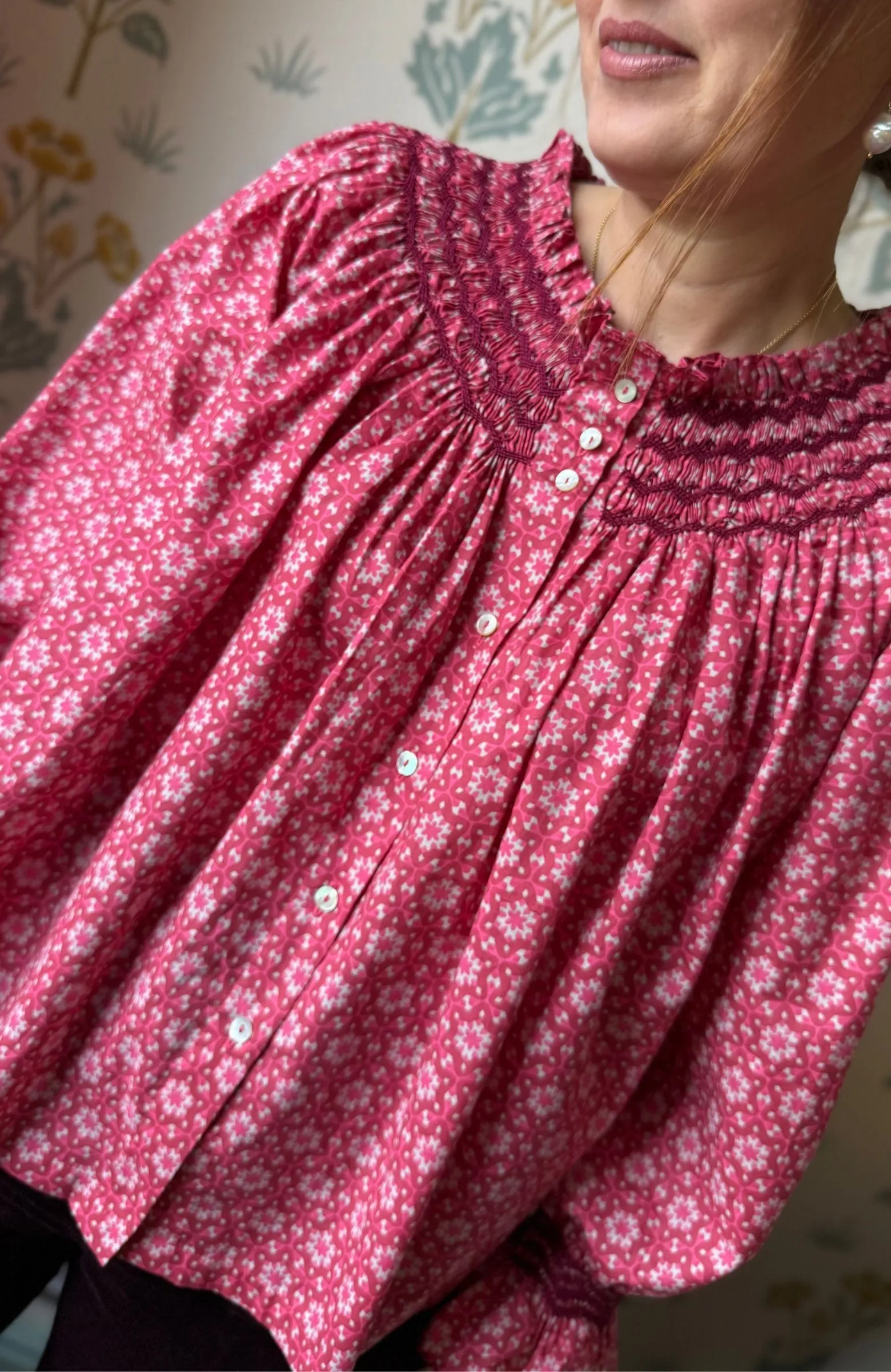 Cleopatra Blouse Mulberry Star Cotton with Merlot Hand Smocking Edition 32 sold by Smock London product image thumbnail 3