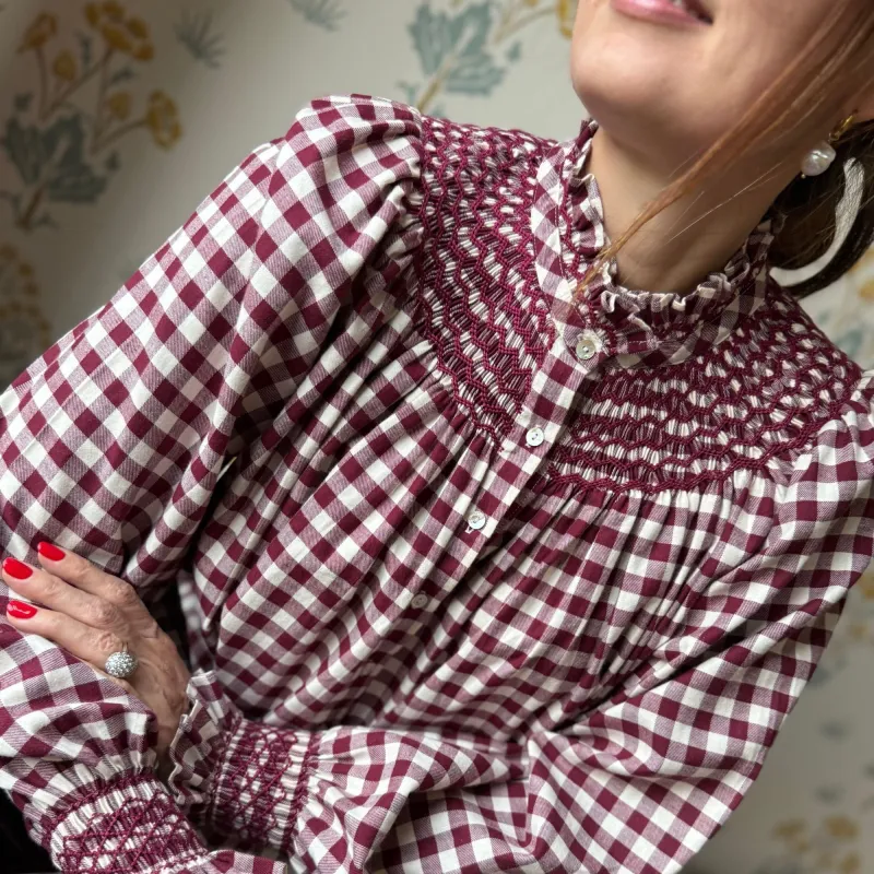 Pom x Smock London Scholl Blouse Mulled Wine Gingham Brushed Cotton with Spiced Cinnamon Hand Smocking Edition 53 sold by Smock London