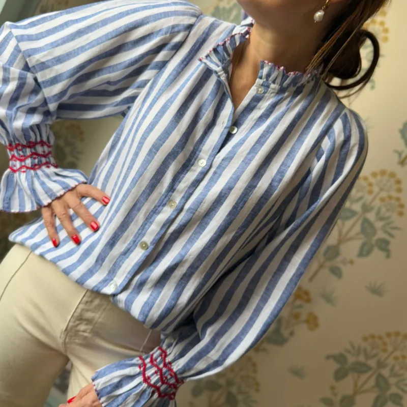 Shelley Blouse Marine Stripes with Red or Dead Hand Smocking Edition 19 sold by Smock London
