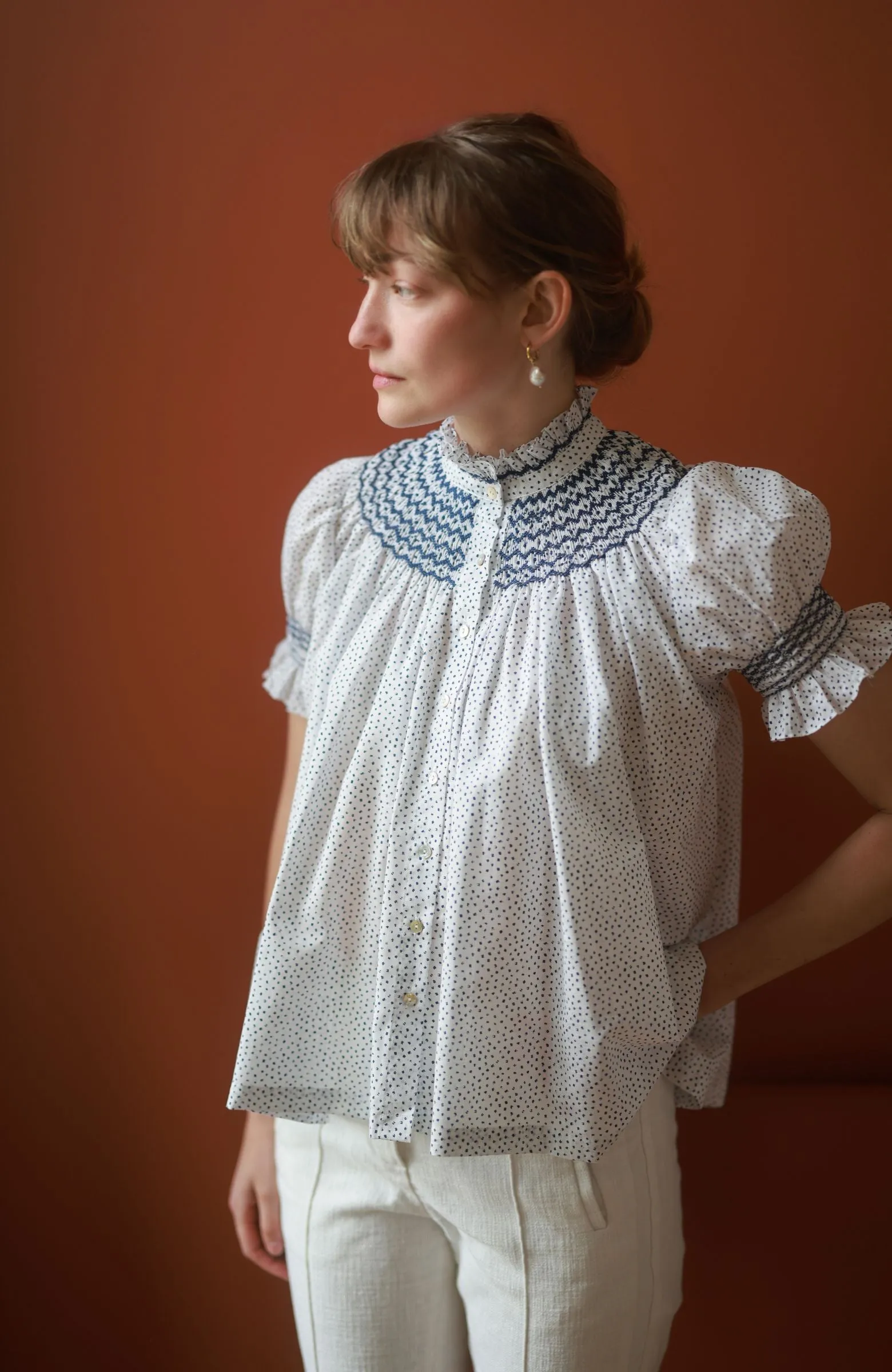 Scholl Blouse Paint Prick Linen with Navy Hand Smocking Edition 57 sold by Smock London product image thumbnail 3