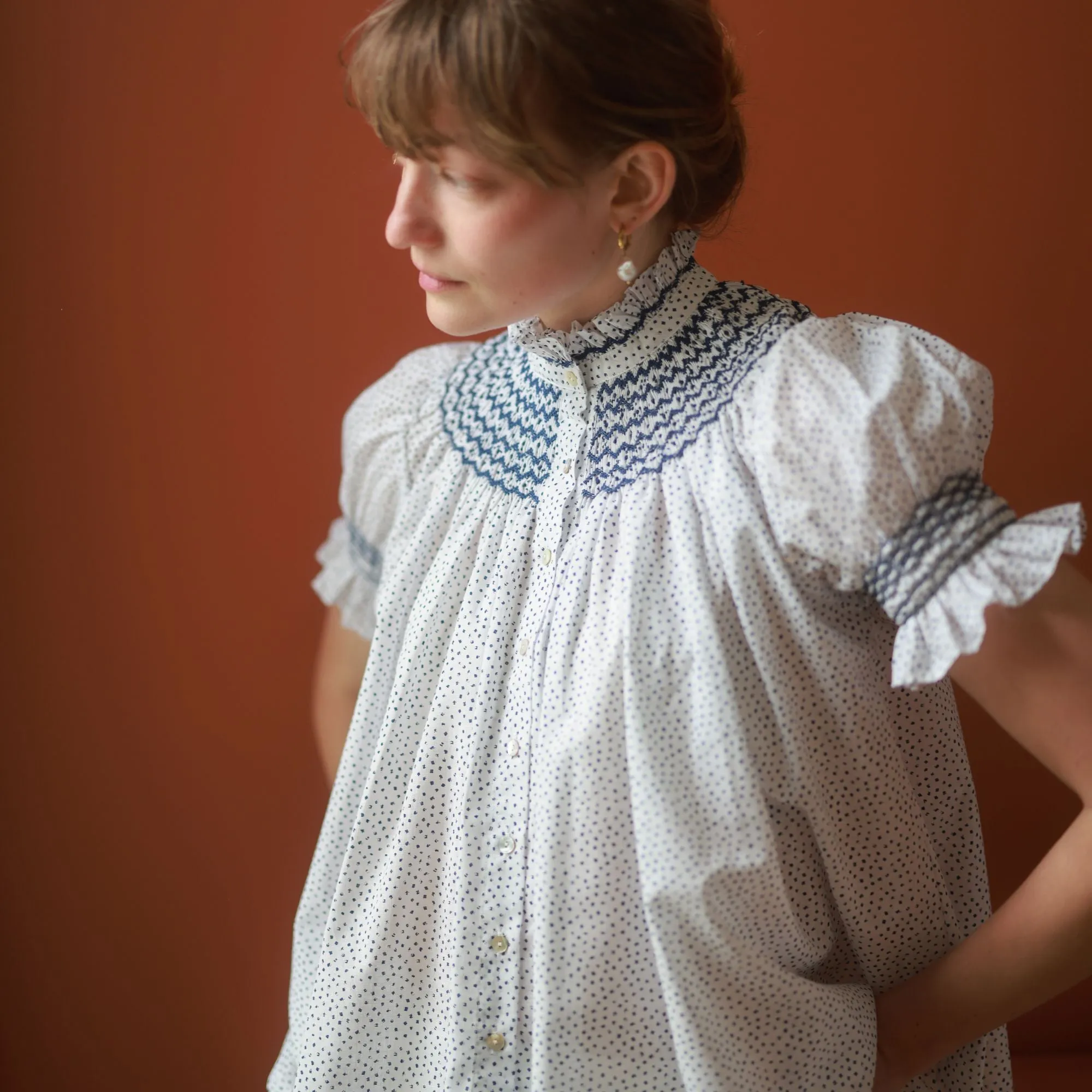 Scholl Blouse Paint Prick Linen with Navy Hand Smocking Edition 57 sold by Smock London