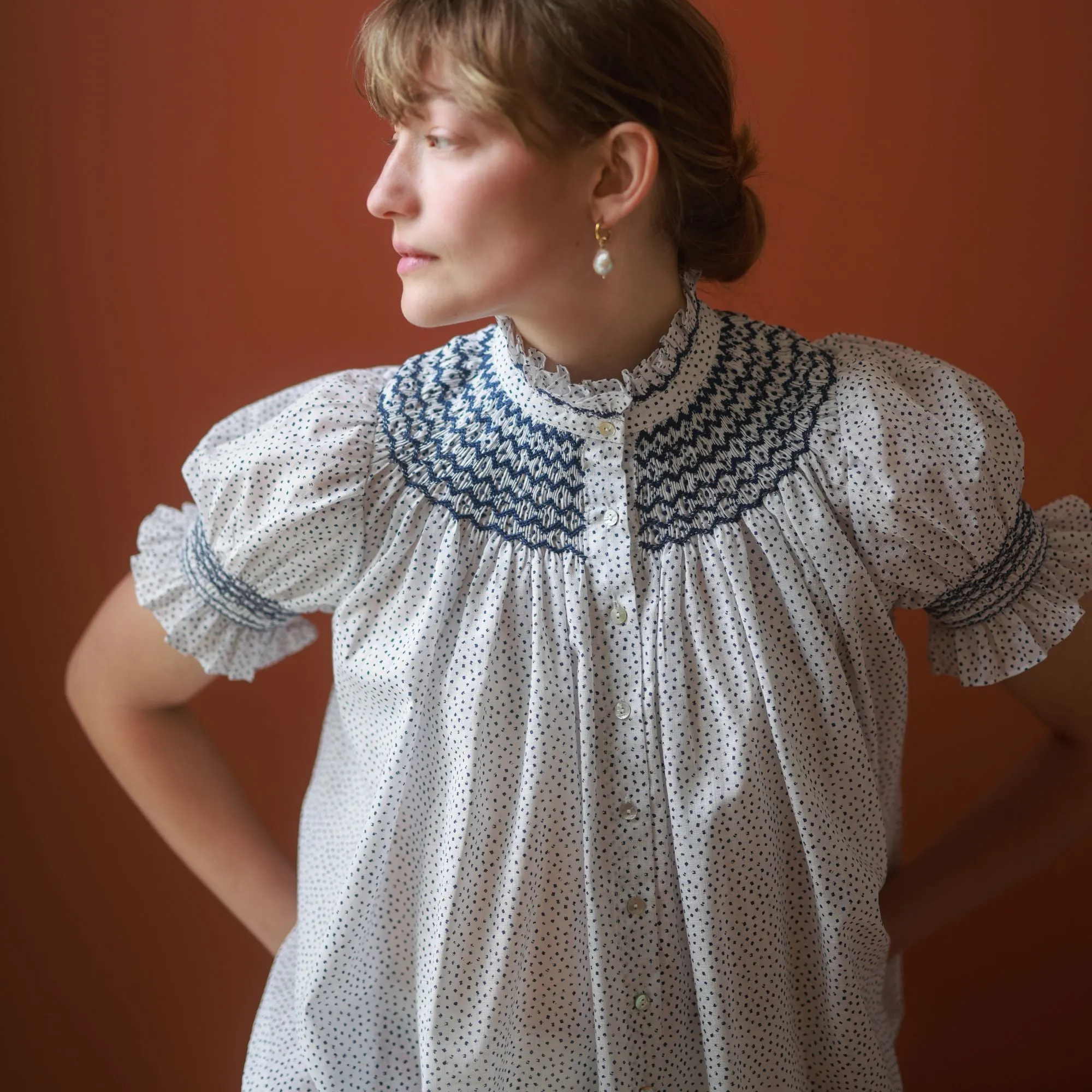 Scholl Blouse Paint Prick Linen with Navy Hand Smocking Edition 57 sold by Smock London product image thumbnail 2