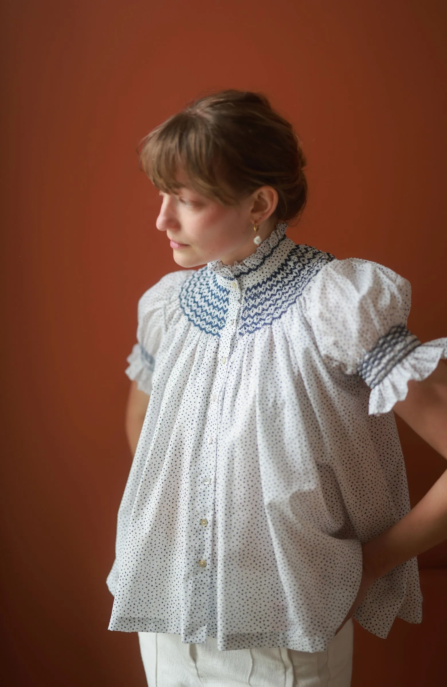 Scholl Blouse Paint Prick Linen with Navy Hand Smocking Edition 57 sold by Smock London product image thumbnail 4