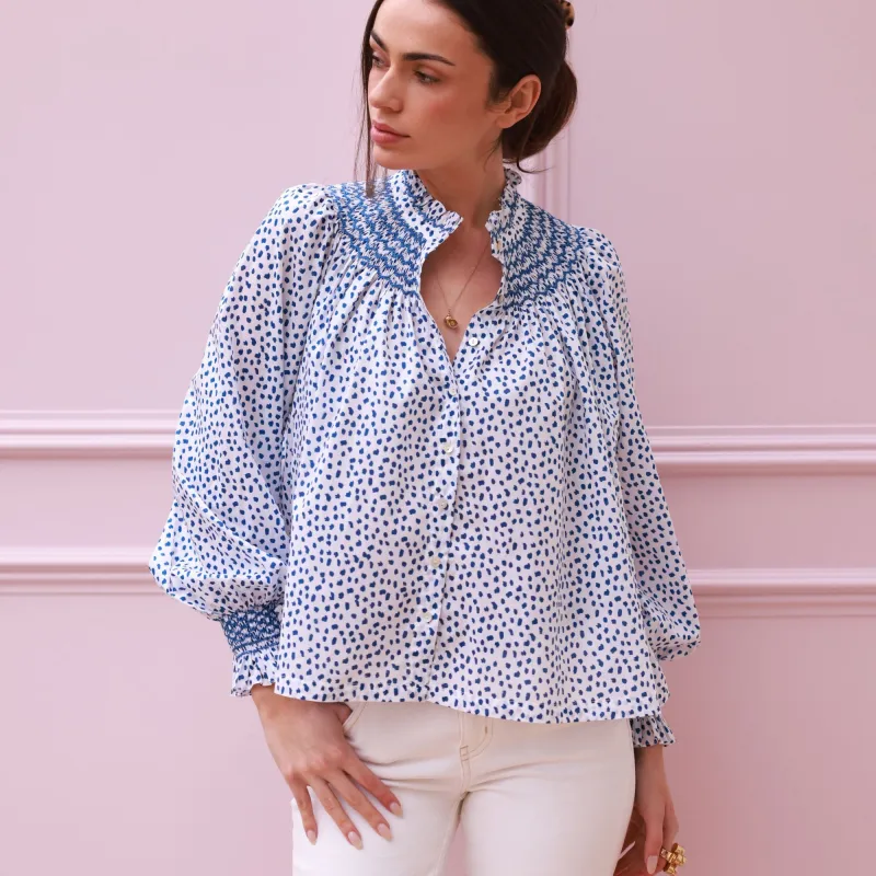 Scholl Blouse Blue Leopard with Sapphire Hand Smocking Edition 64 made by Smock London