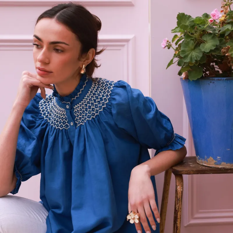 Scholl Blouse Cobalt with Vanilla Hand Smocking Edition 54 sold by Smock London