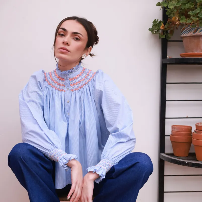Scholl Blouse Oxford Stripe with Orange Blossom Hand Smocking Edition 62 made by Smock London