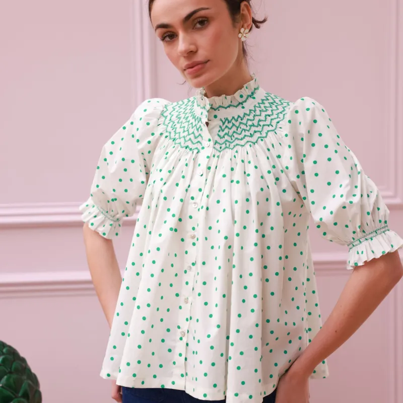 Scholl Blouse Frog Polka cotton with Jade Hand Smocking Edition 59 made by Smock London