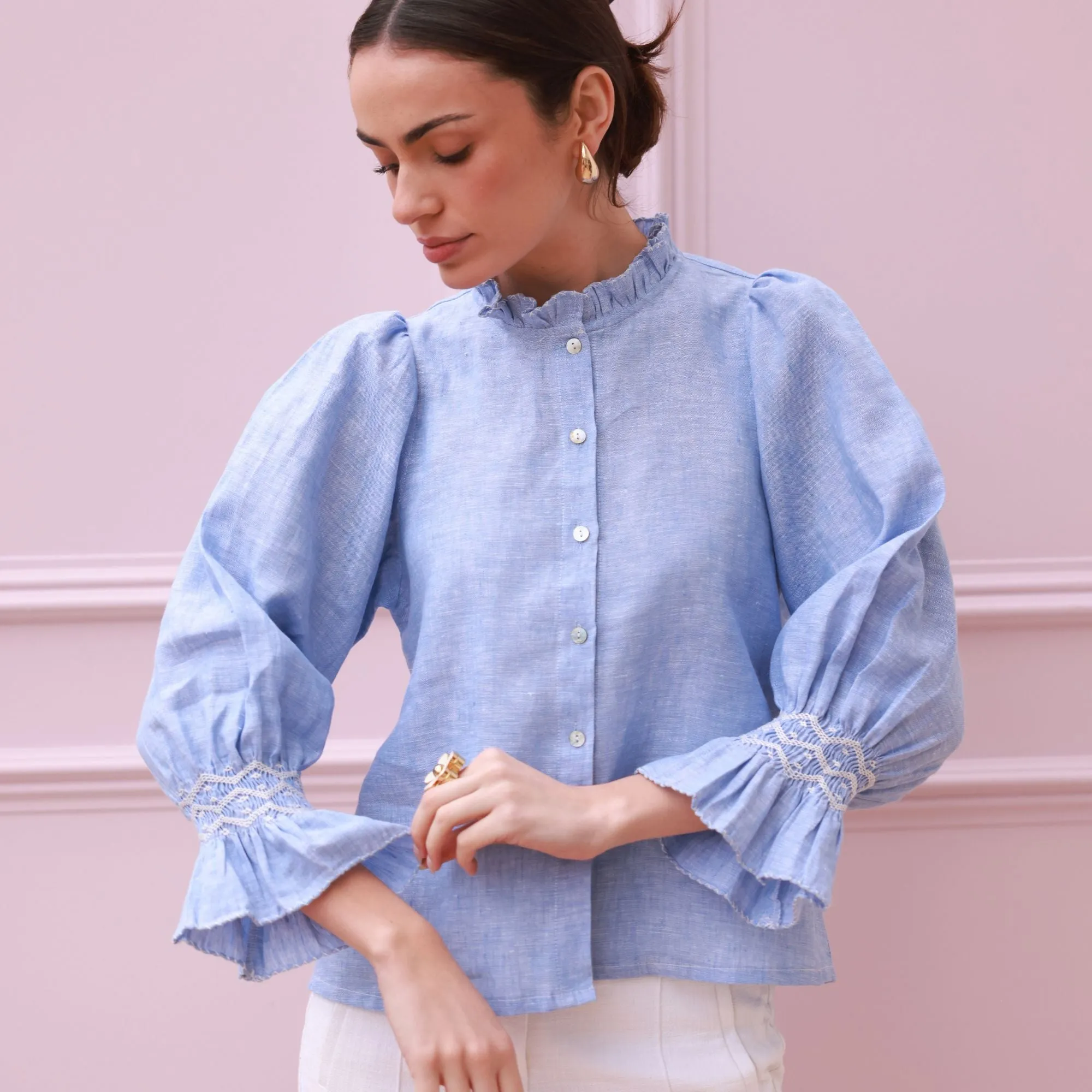 Shelley Blouse Chambray Linen with Crisp White Hand Smocking Edition 21 sold by Smock London