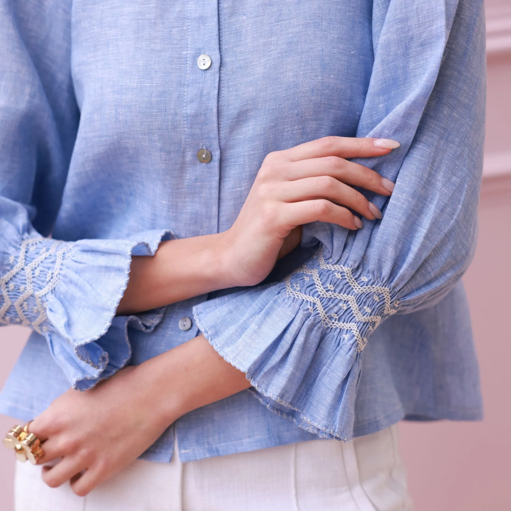 Shelley Blouse Chambray Linen with Crisp White Hand Smocking Edition 21 sold by Smock London product image thumbnail 2