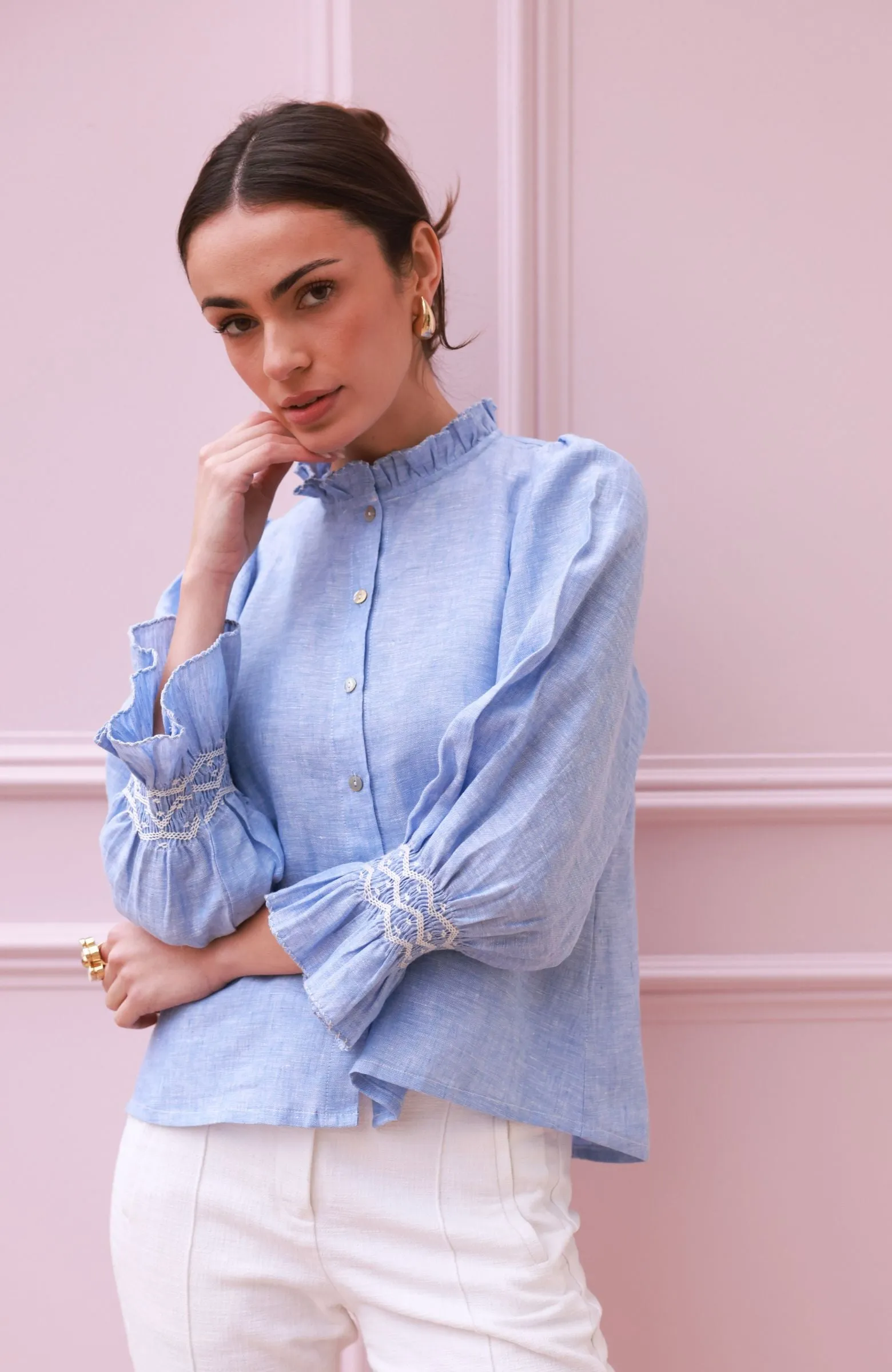Shelley Blouse Chambray Linen with Crisp White Hand Smocking Edition 21 sold by Smock London product image thumbnail 4