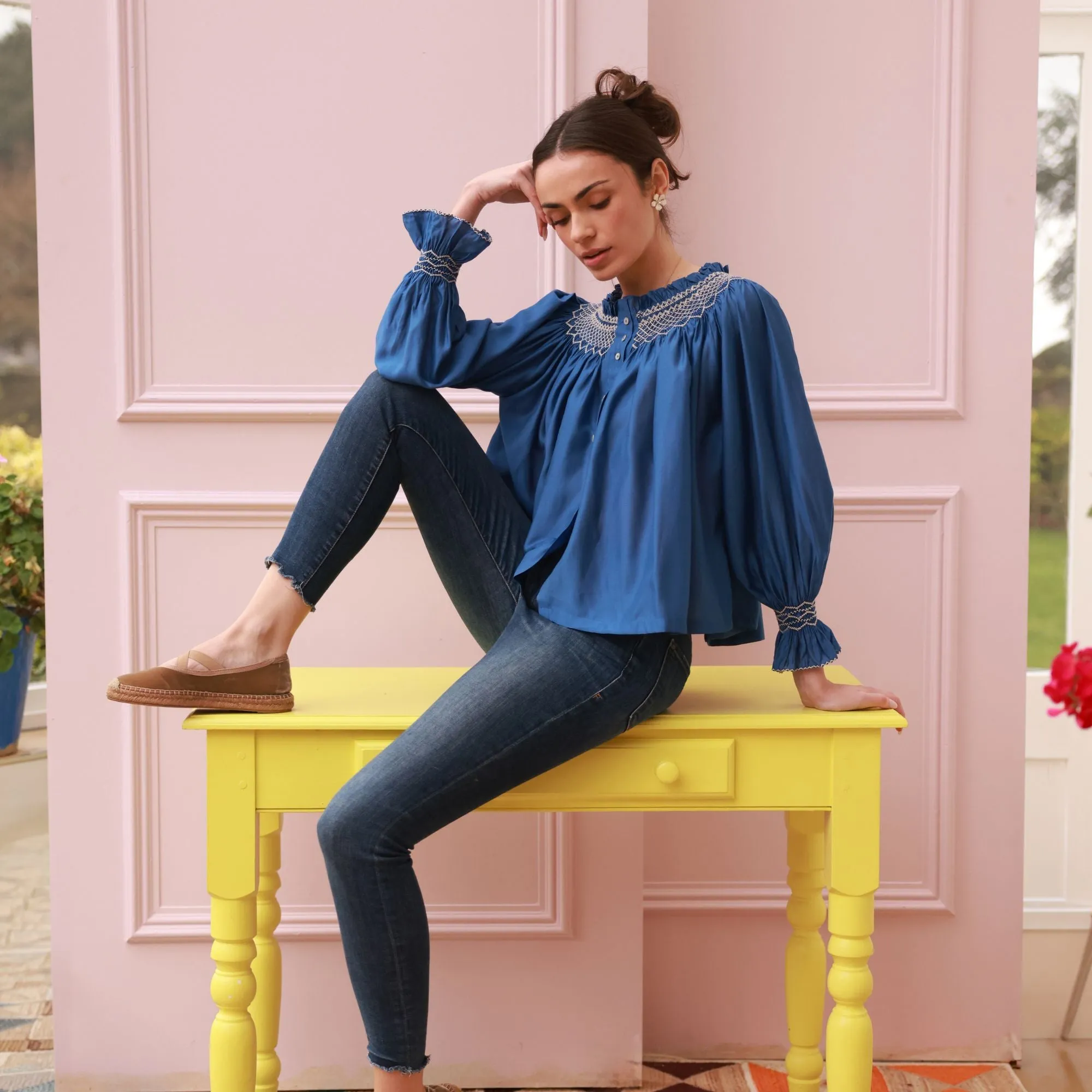 Cleopatra Blouse Cobalt Silk Cotton Sapphire with Vanilla Hand Smocking Edition 33 sold by Smock London product image thumbnail 3