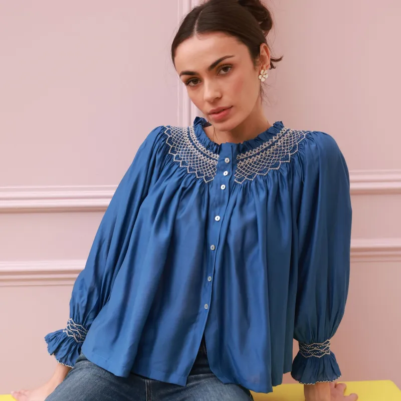 Cleopatra Blouse Cobalt Silk Cotton Sapphire with Vanilla Hand Smocking Edition 33 made by Smock London