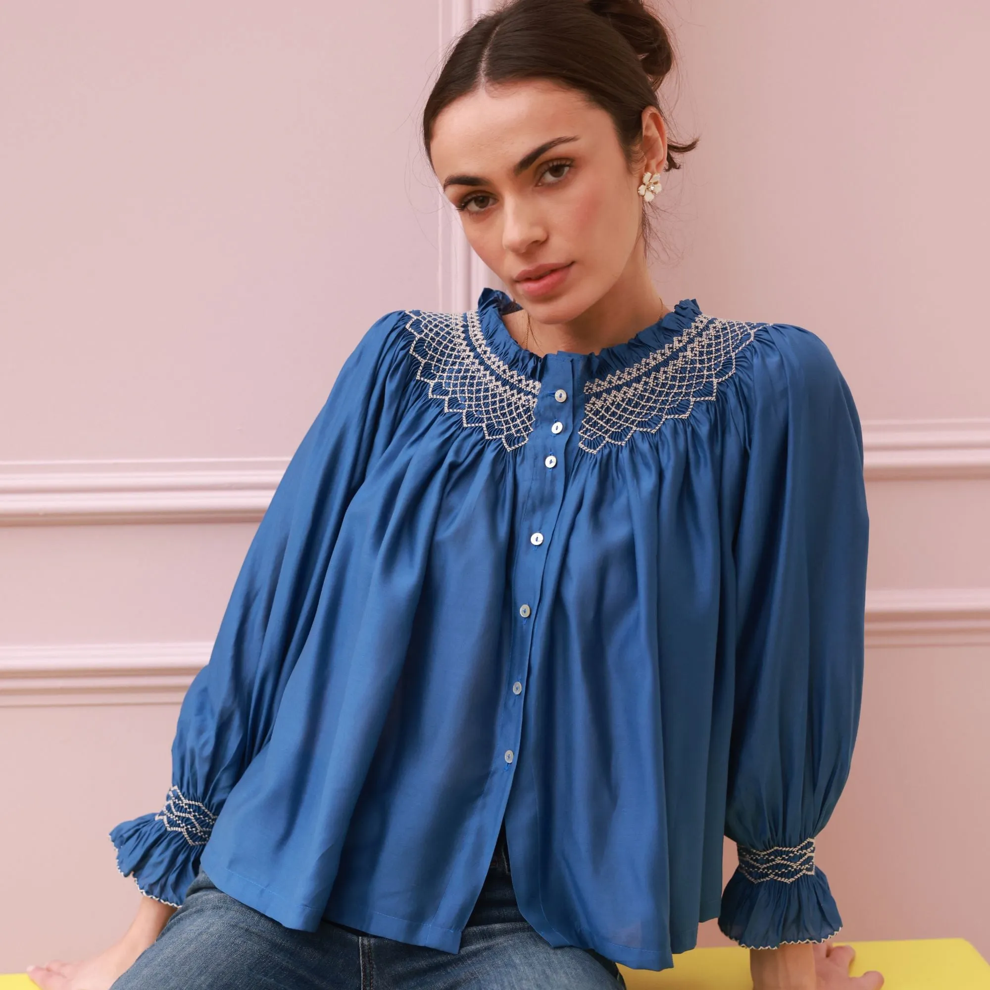 Cleopatra Blouse Cobalt Silk Cotton Sapphire with Vanilla Hand Smocking Edition 33 sold by Smock London