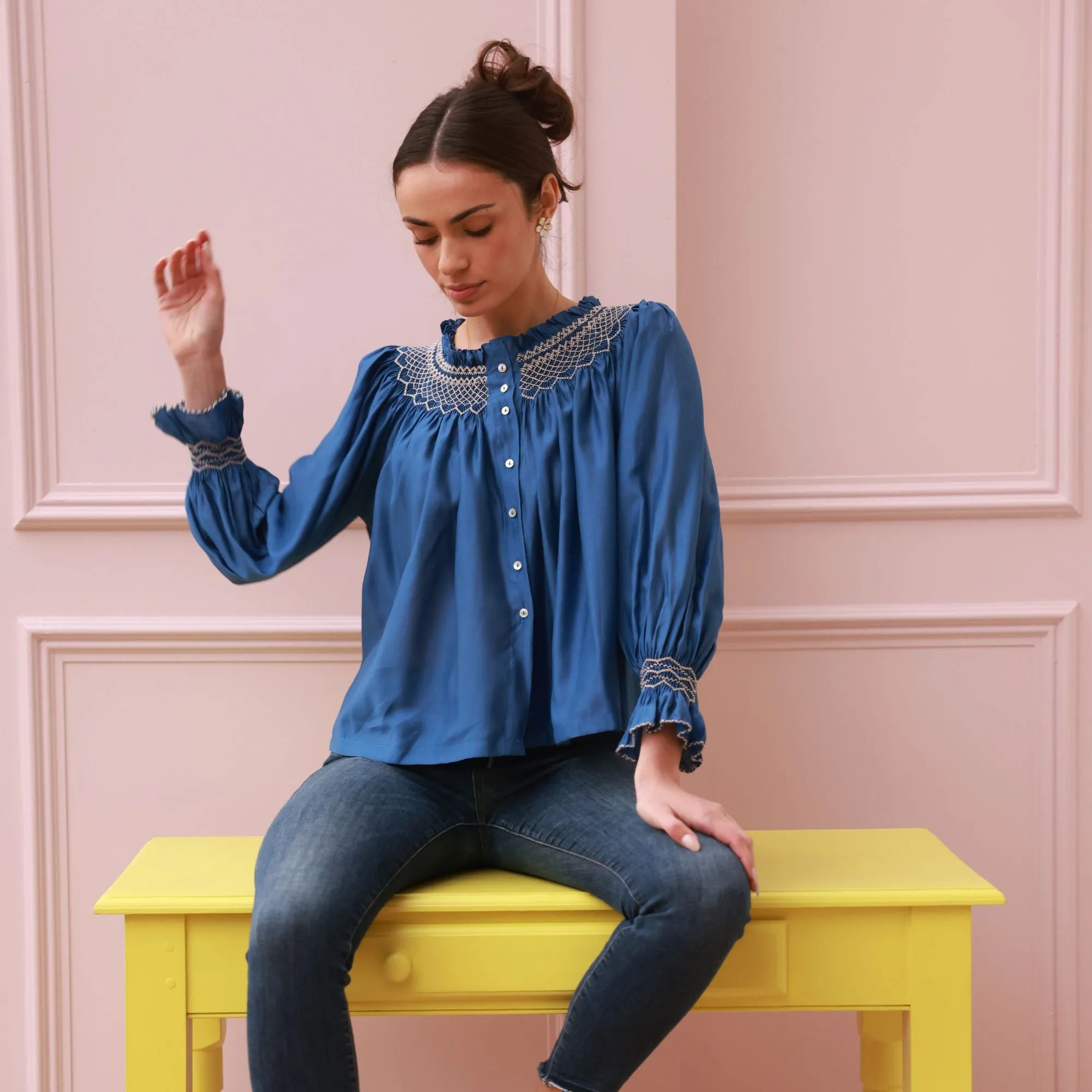 Cleopatra Blouse Cobalt Silk Cotton Sapphire with Vanilla Hand Smocking Edition 33 sold by Smock London product image thumbnail 5