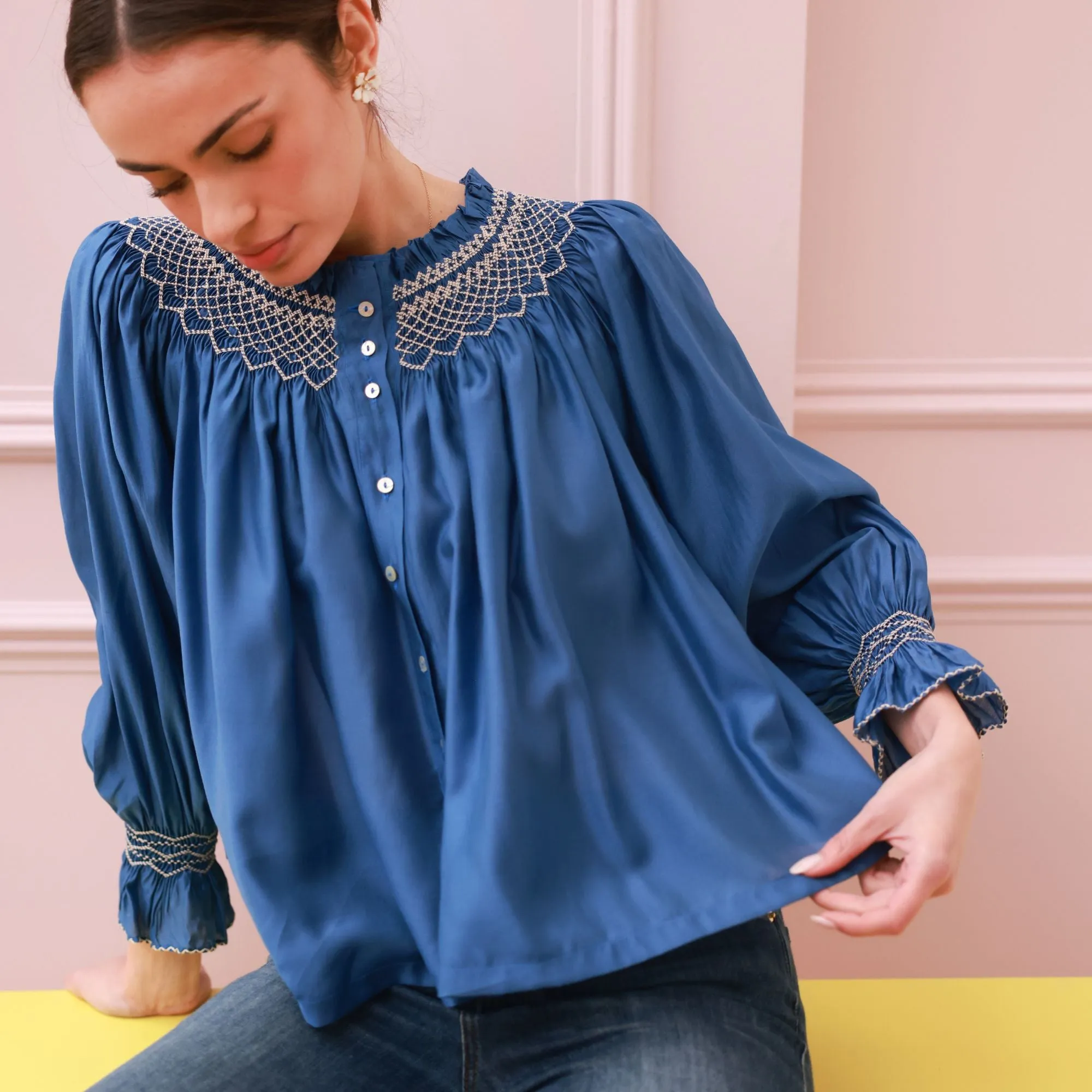 Cleopatra Blouse Cobalt Silk Cotton Sapphire with Vanilla Hand Smocking Edition 33 sold by Smock London product image thumbnail 4