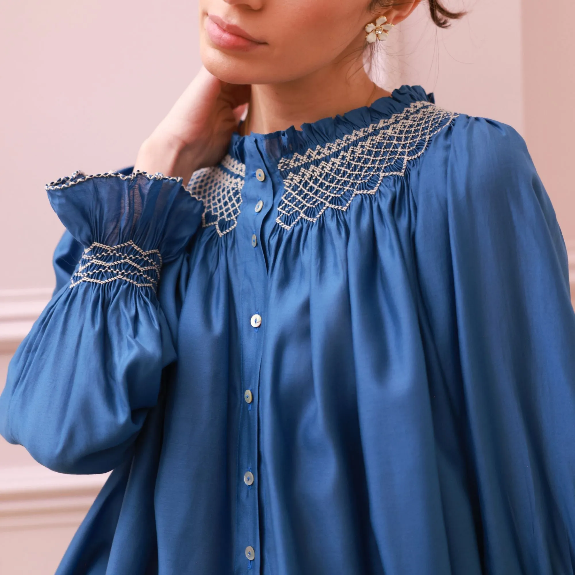 Cleopatra Blouse Cobalt Silk Cotton Sapphire with Vanilla Hand Smocking Edition 33 sold by Smock London product image thumbnail 2