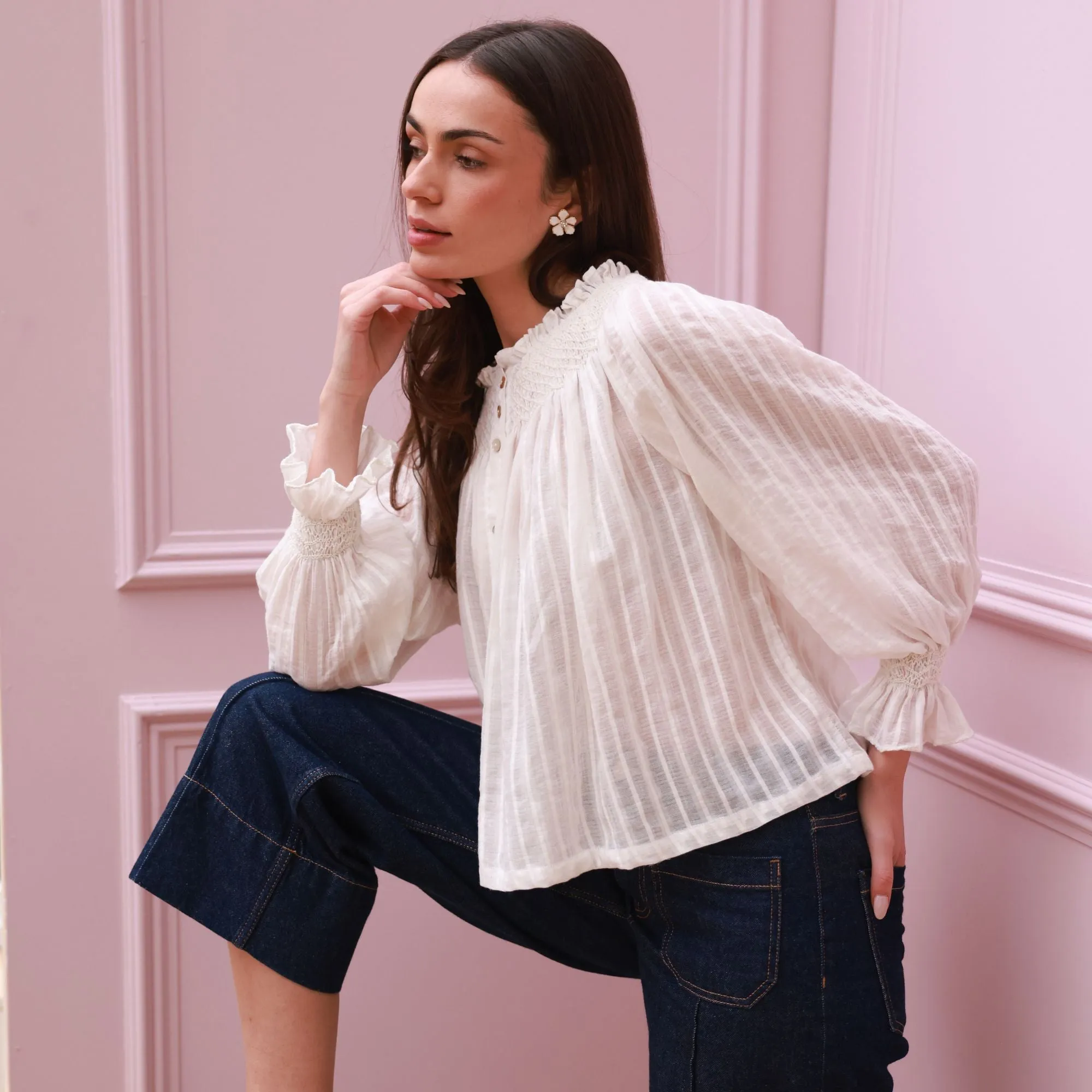 Cleopatra Blouse White Stripe Cotton Muslin with milk Hand Smocking Edition 37 sold by Smock London product image thumbnail 3