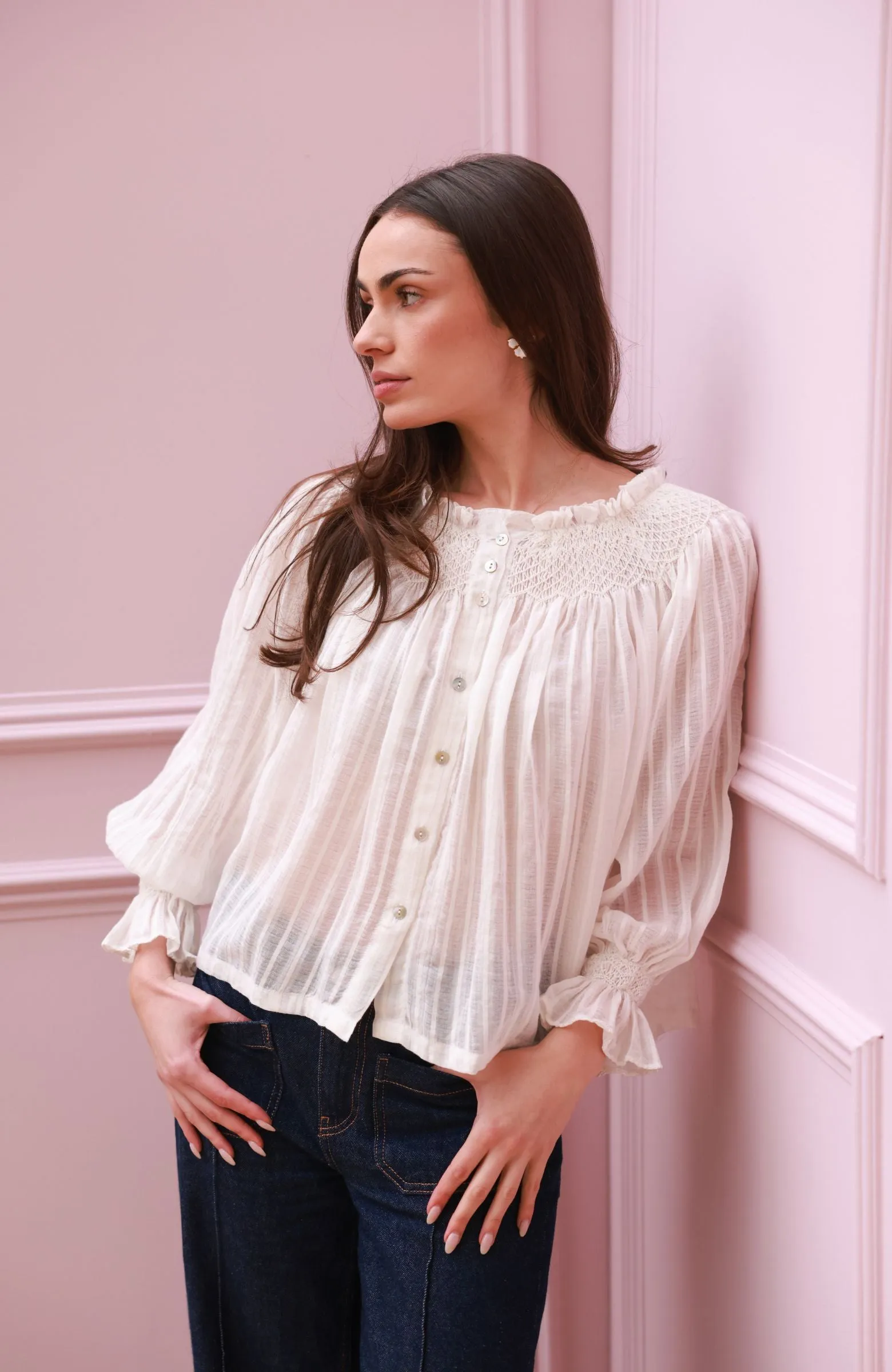 Cleopatra Blouse White Stripe Cotton Muslin with milk Hand Smocking Edition 37 sold by Smock London product image thumbnail 4