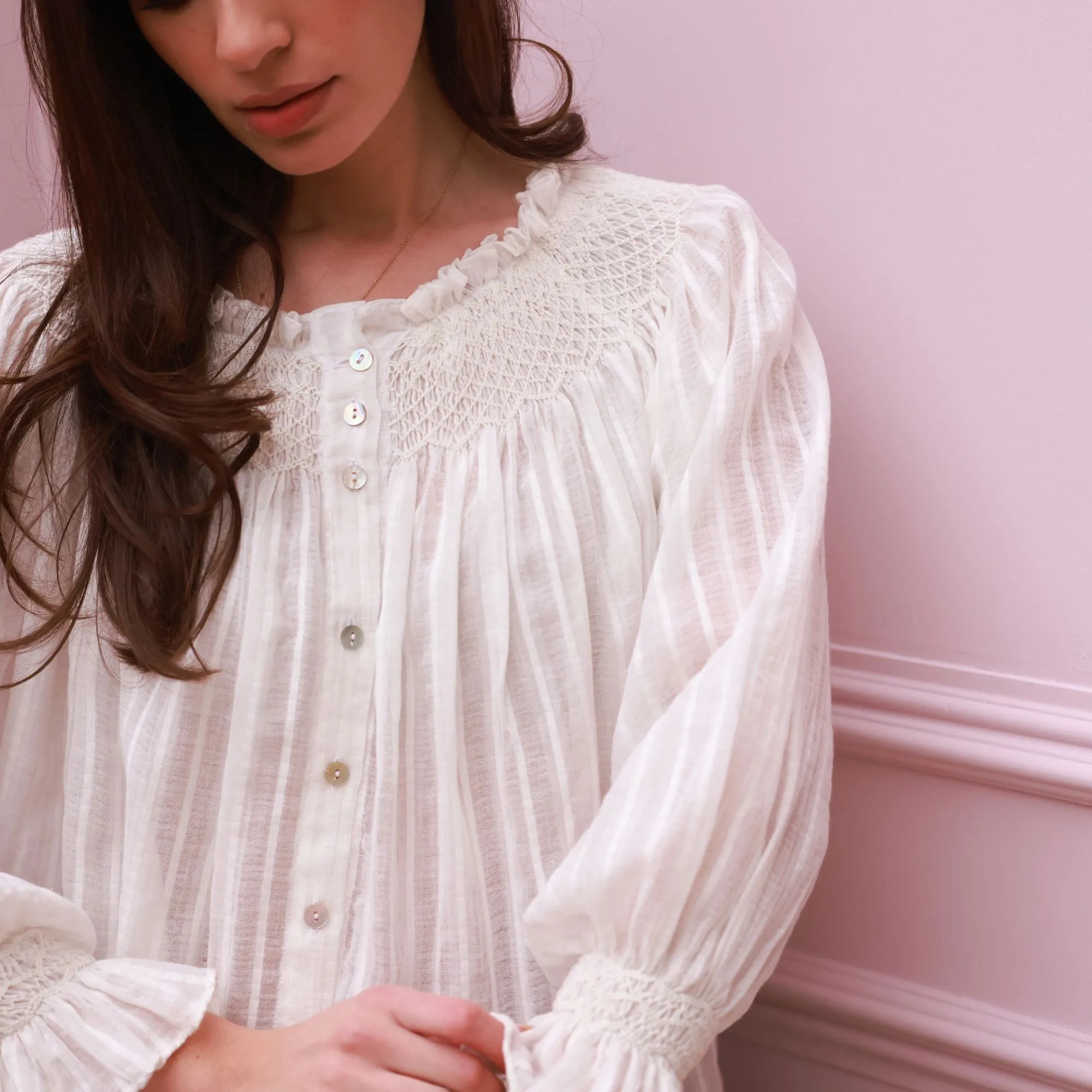 Cleopatra Blouse White Stripe Cotton Muslin with milk Hand Smocking Edition 37 sold by Smock London