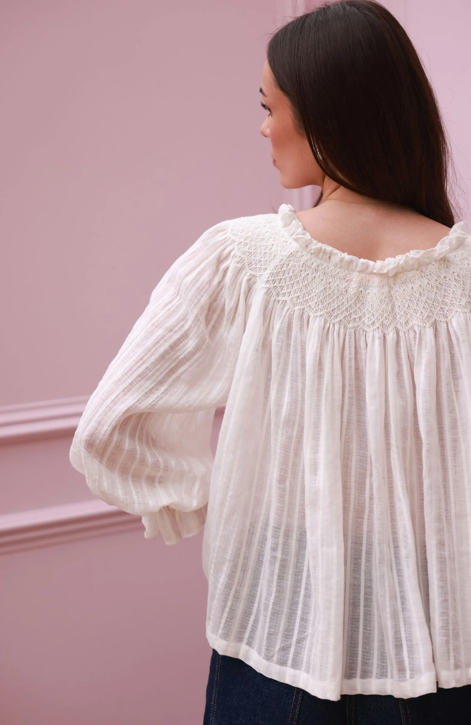 Cleopatra Blouse White Stripe Cotton Muslin with milk Hand Smocking Edition 37 sold by Smock London product image thumbnail 5