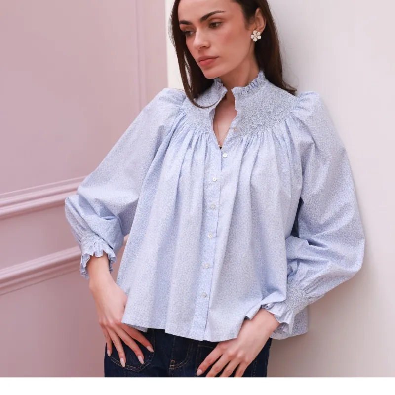 Scholl Blouse Periwinkle Ditsy with Blue Mist Hand Smocking Edition 63 sold by Smock London