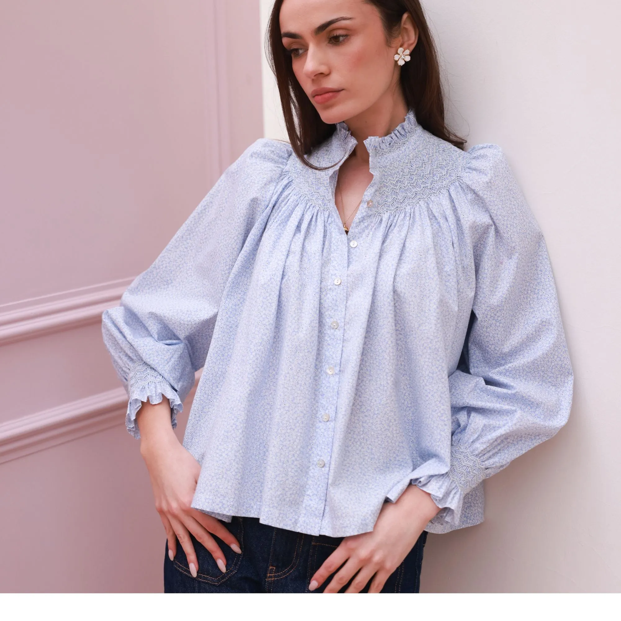 Scholl Blouse Periwinkle Ditsy with Blue Mist Hand Smocking Edition 63 sold by Smock London