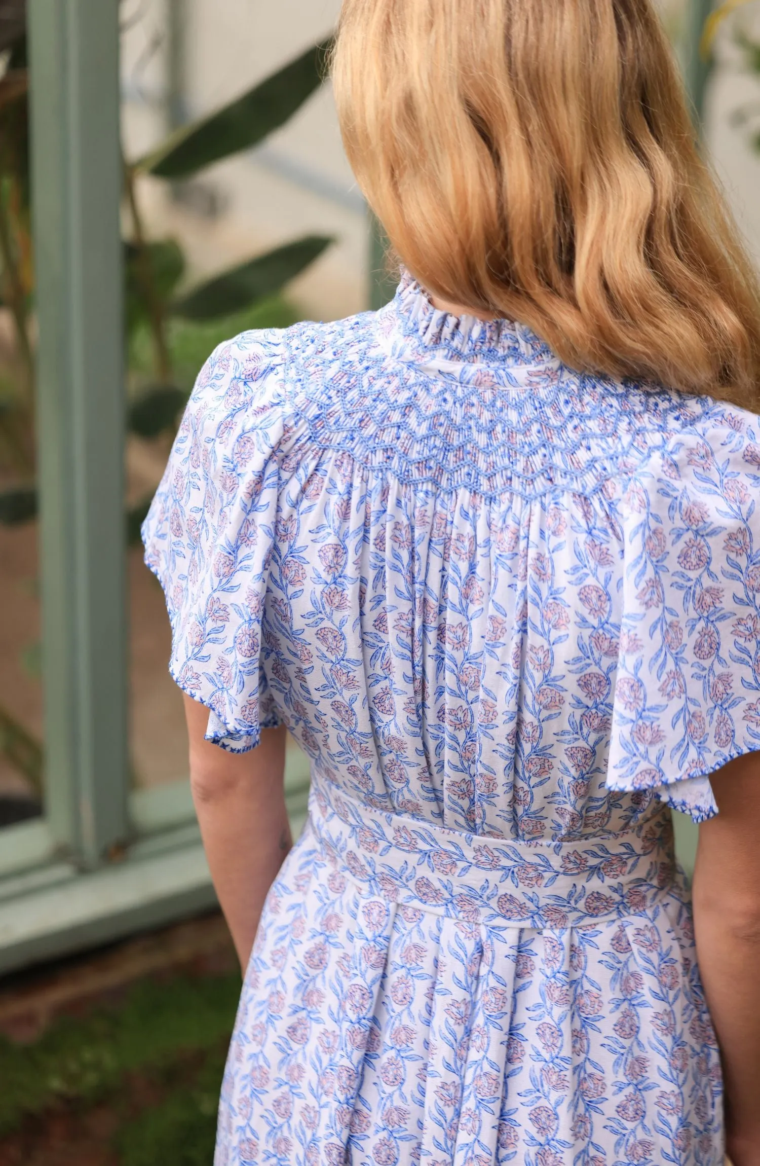 Colette Dress Passionflower Trellis with Delphinium Blue Hand Smocking sold by Smock London product image thumbnail 4