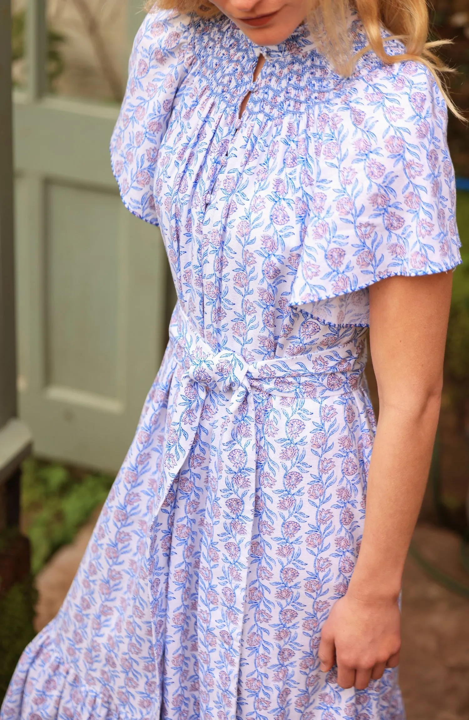 Colette Dress Passionflower Trellis with Delphinium Blue Hand Smocking sold by Smock London product image thumbnail 3