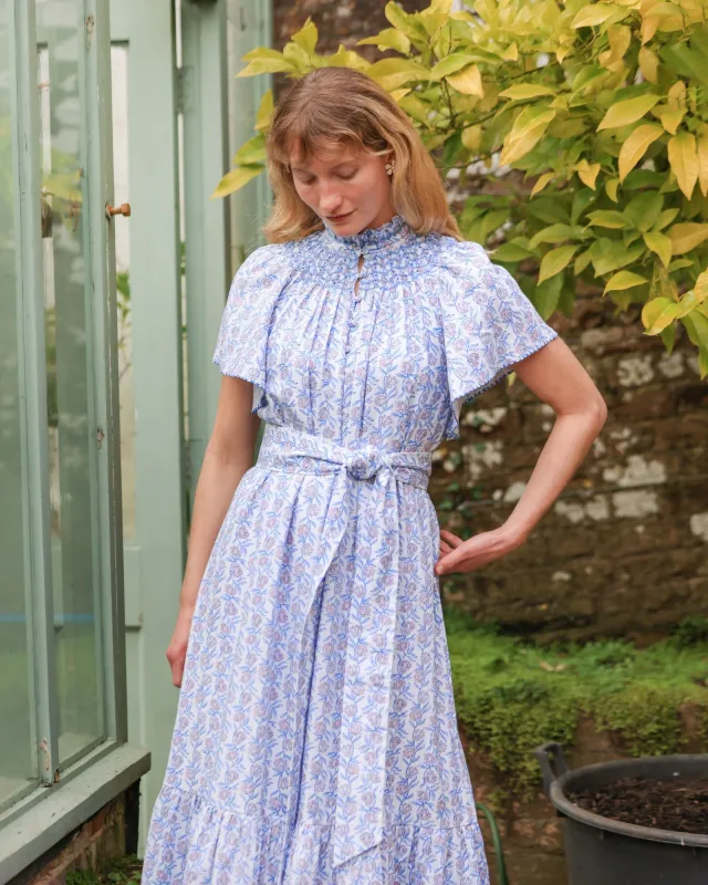 Colette Dress Passionflower Trellis with Delphinium Blue Hand Smocking made by Smock London