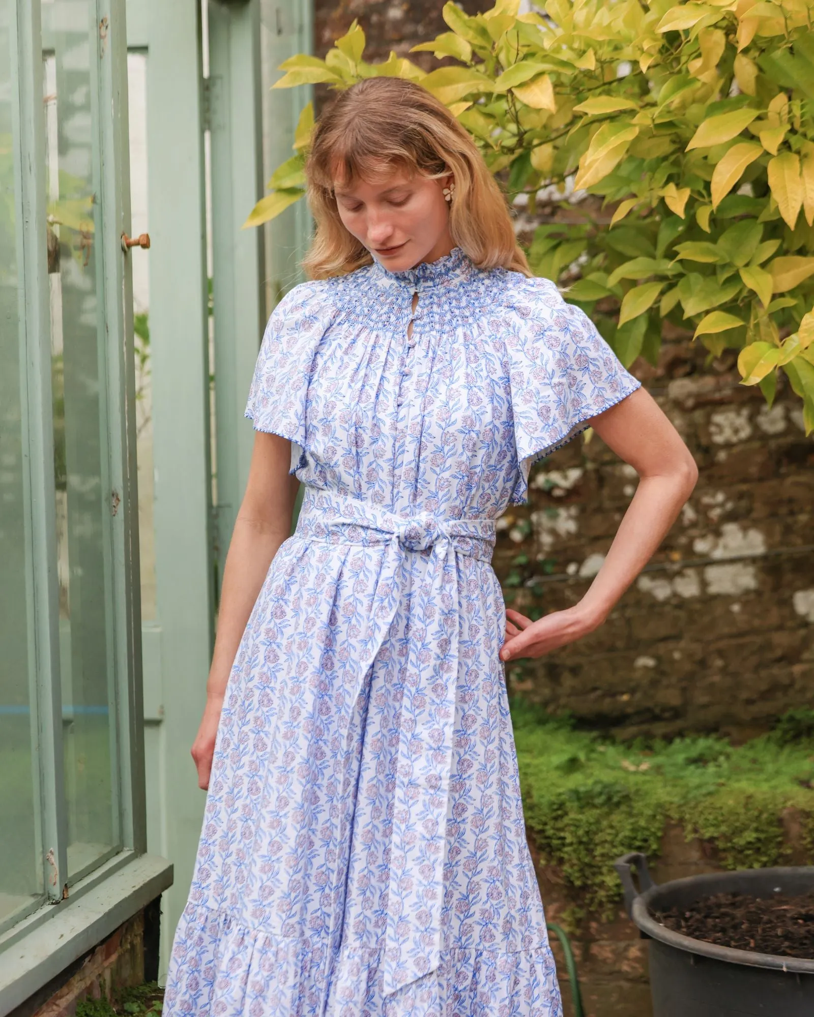 Colette Dress Passionflower Trellis with Delphinium Blue Hand Smocking sold by Smock London