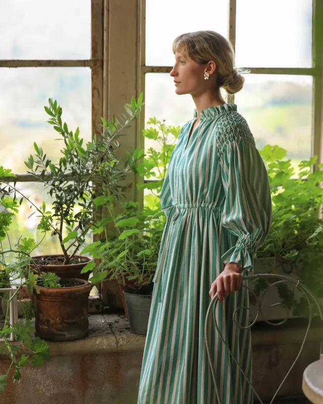 Aloha Wanderwell Dress Wimbledon Stripe with White Honeycomb Hand Smocking made by Smock London